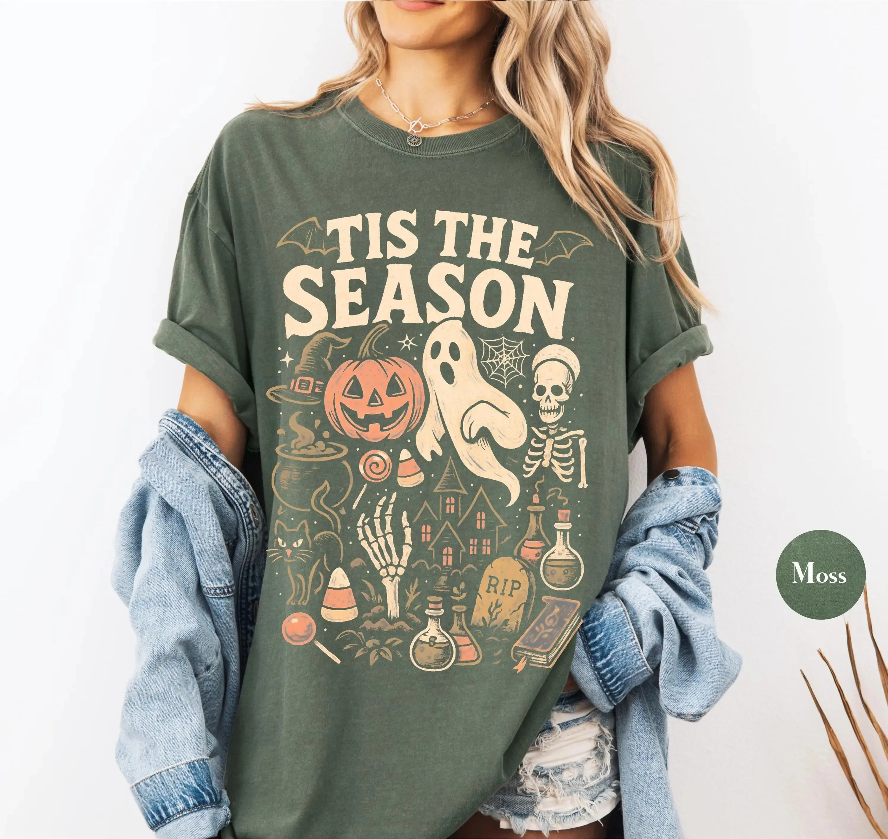 Comfort Colors Tis the Season Vintage Halloween Shirt, Retro Y2K Skeleton Pumpkin Ghost Spooky Tee