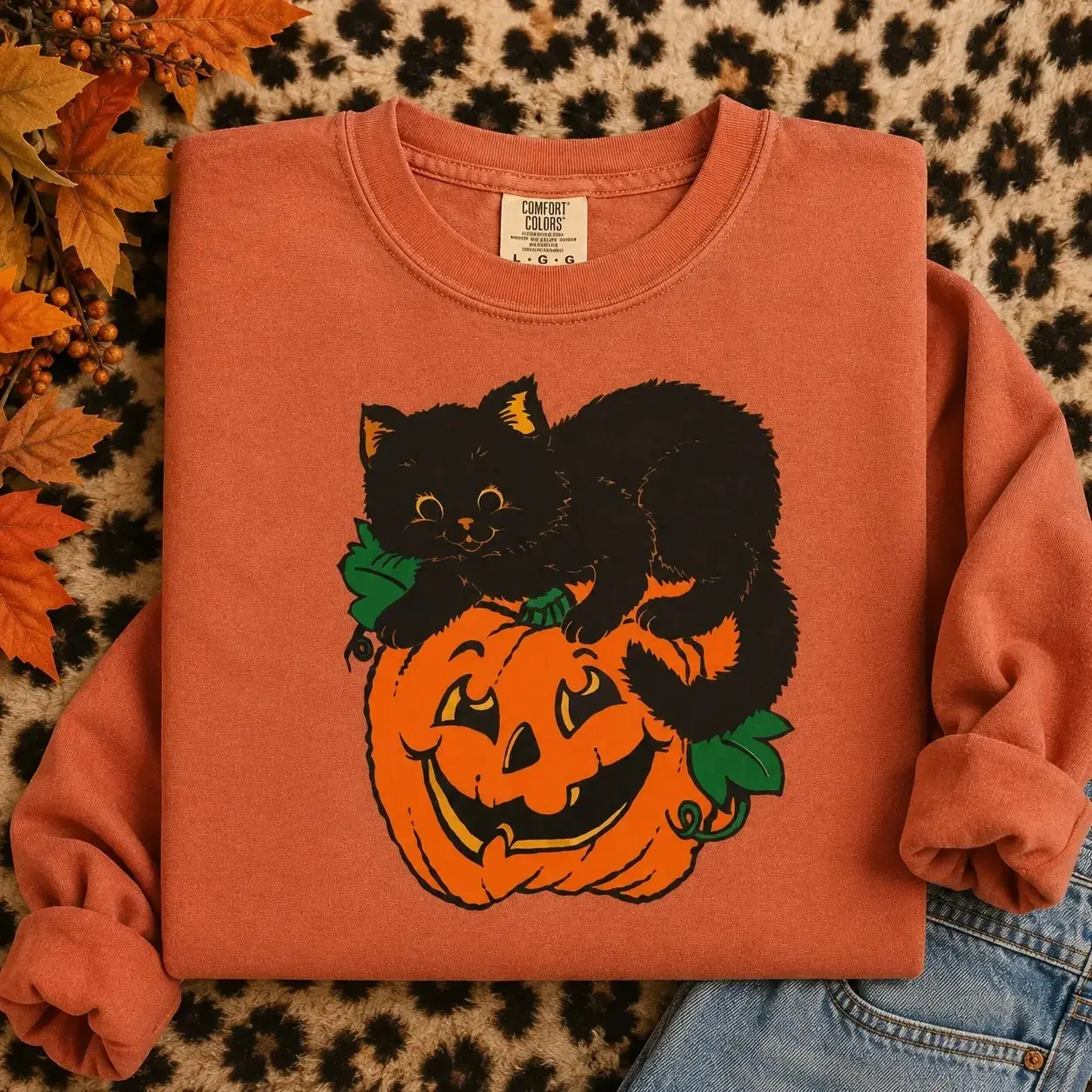 Comfort Colors Vintage Halloween Shirt, Black Cat Jack O Lantern Graphic Tee, Cute Spooky Season Fall Retro Costume