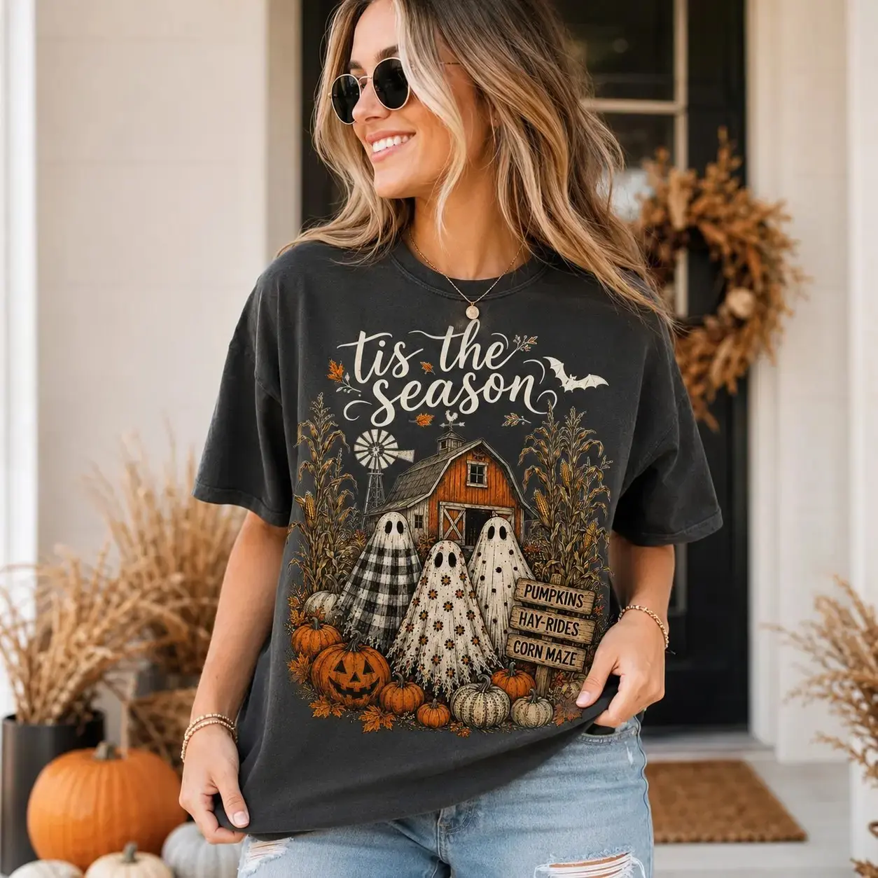 Comfort Colors Tis the Season Vintage Halloween Tee, Country Ghost Pumpkin Patch Rustic Spooky Autumn Shirt