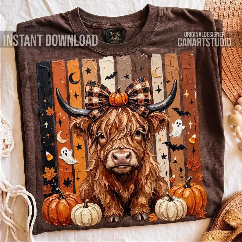 Comfort Colors Vintage Highland Cow Halloween Shirt, Spooky Fall Cow Design with Pumpkins Bows and Ghosts Apparel