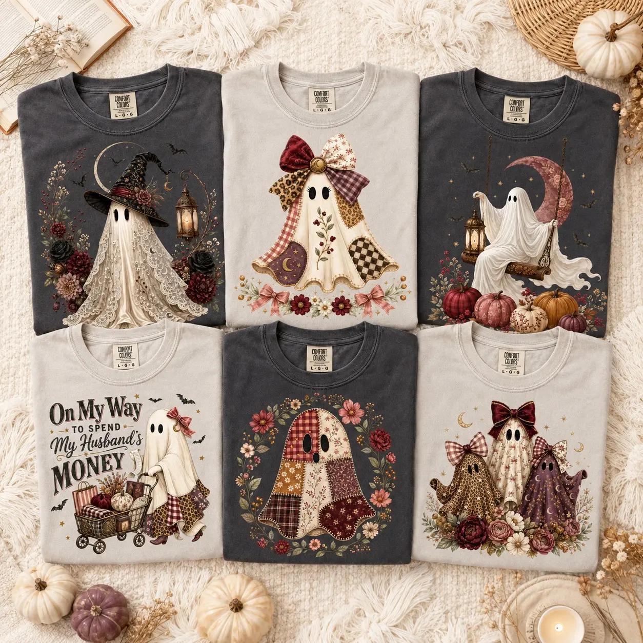 Comfort Colors Vintage Patchwork Bow Ghosts Shirt, Cute Cottagecore Fall Halloween Party Graphic Tee for Women
