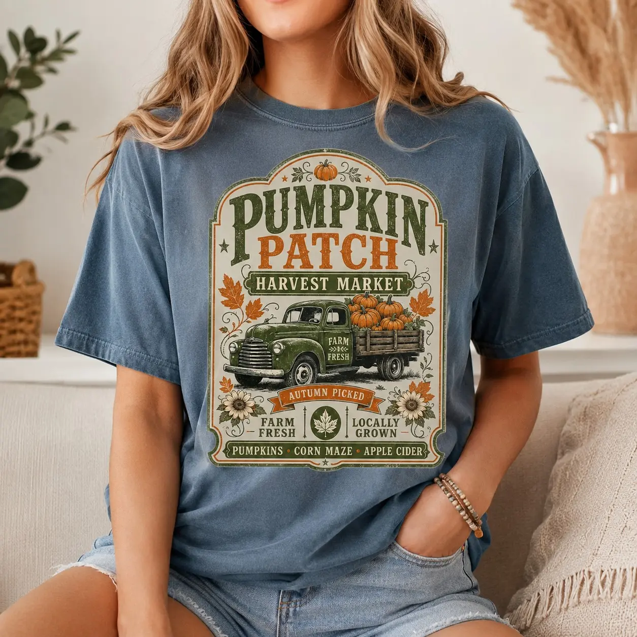 Comfort Colors Vintage Pumpkin Patch Shirt for Women, Harvest Market Truck Graphic Tee, Fall Festival Top