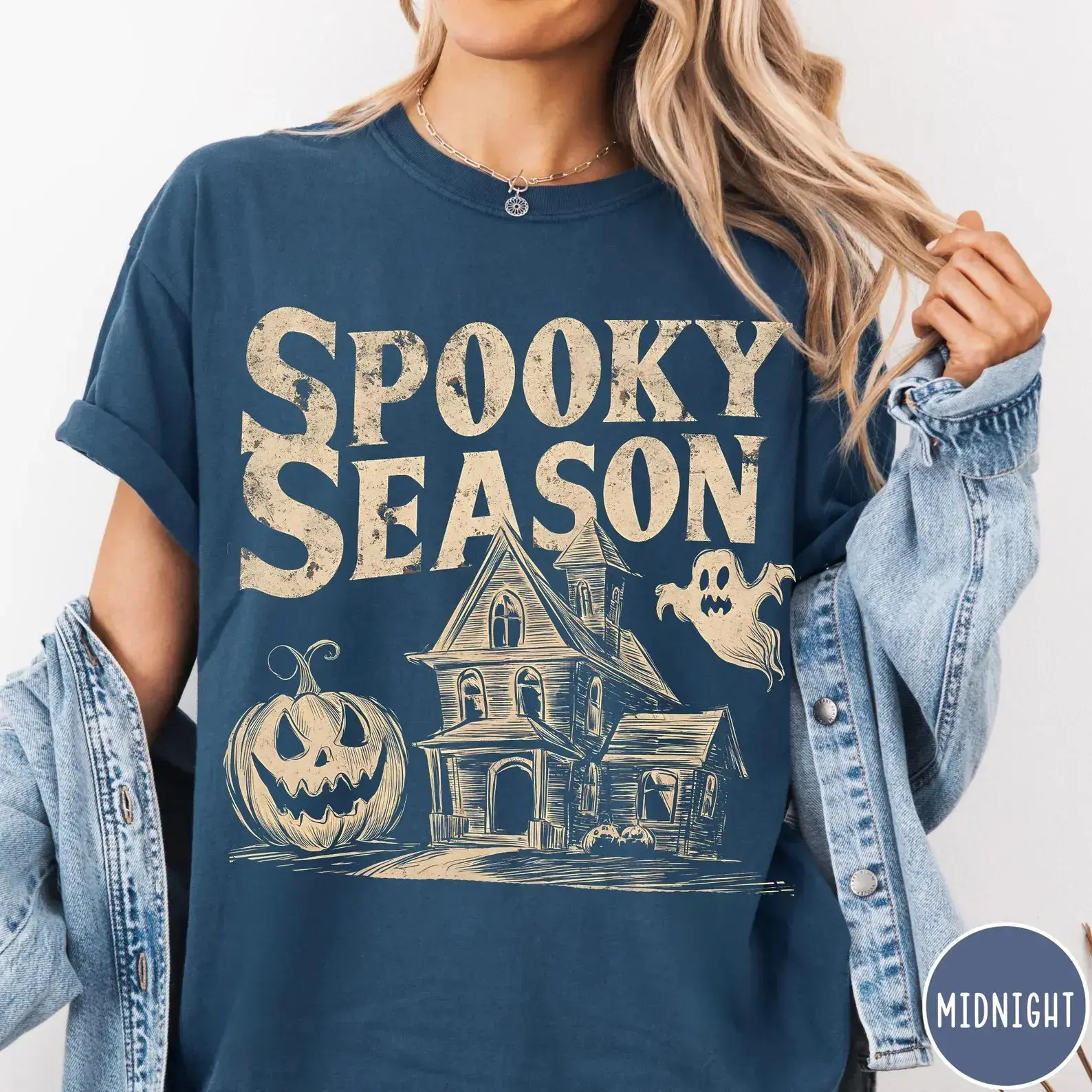 Comfort Colors Vintage Spooky Season Shirt, Halloween Haunted House Retro Ghost Pumpkin Womens Graphic Tee