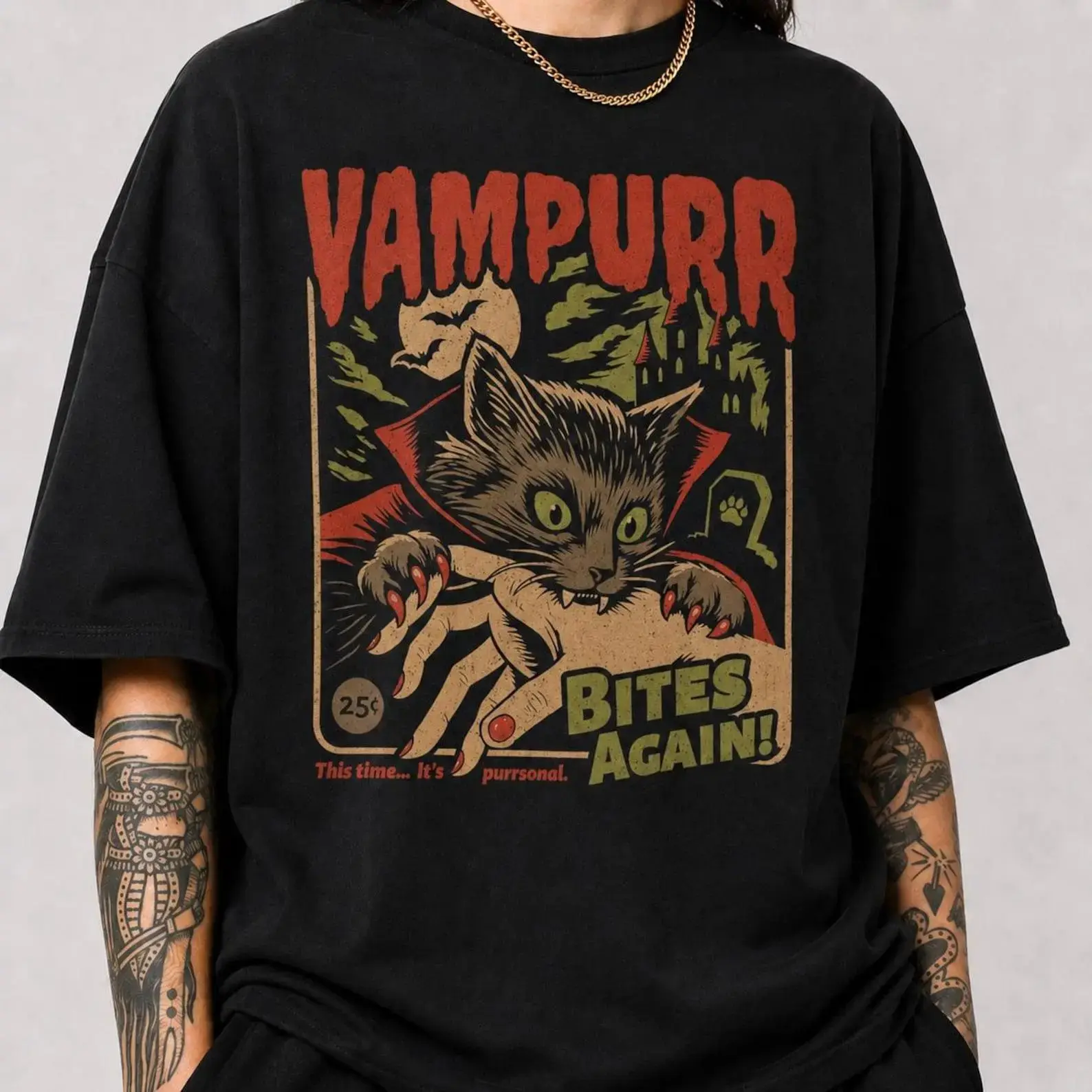 Comfort Colors Vintage Vamp Cat Bites Again Halloween Sweatshirt, Cute Horror Graphic Crewneck