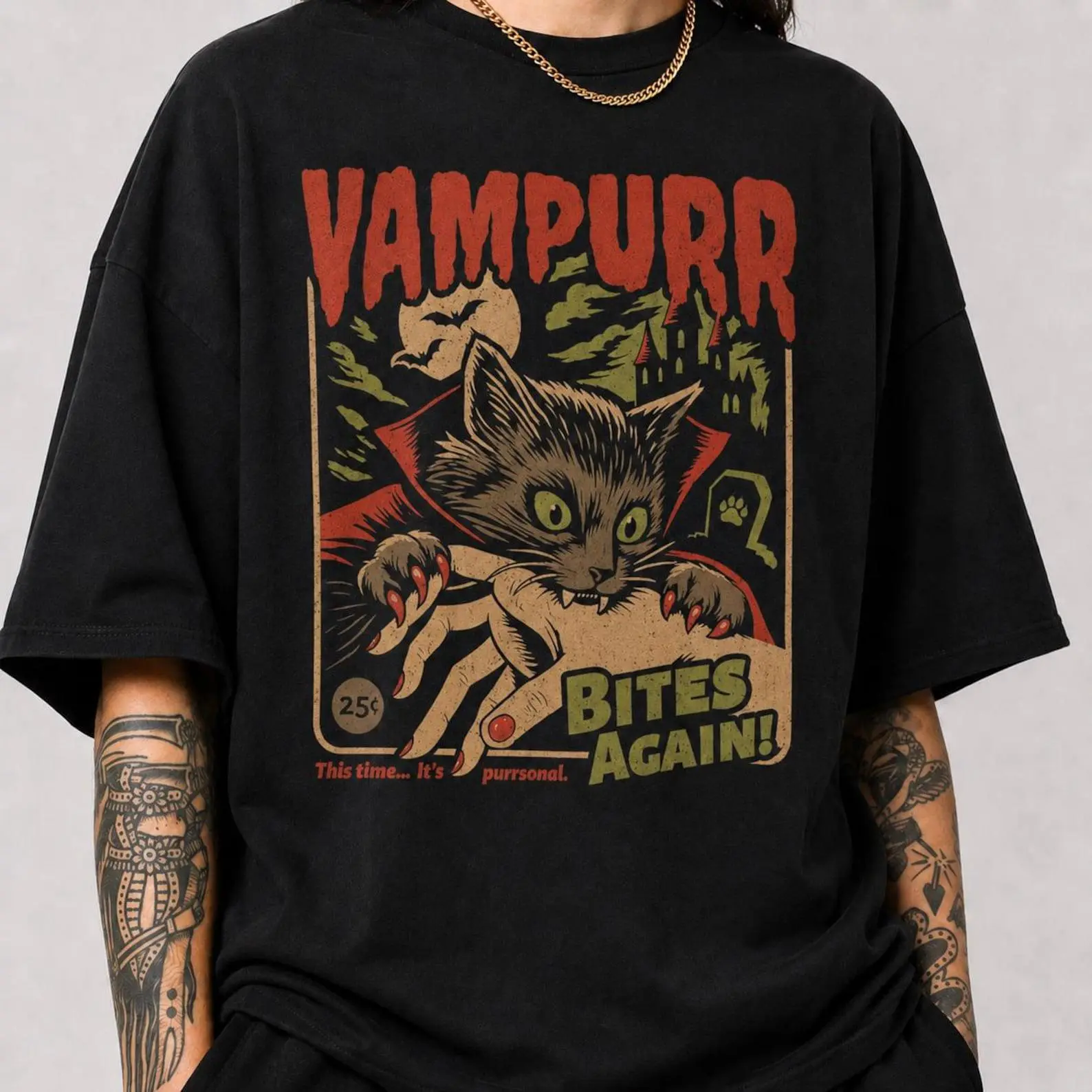 Comfort Colors Vintage Vamp Cat Bites Again Halloween Sweatshirt, Unisex Horror Graphic Crewneck
