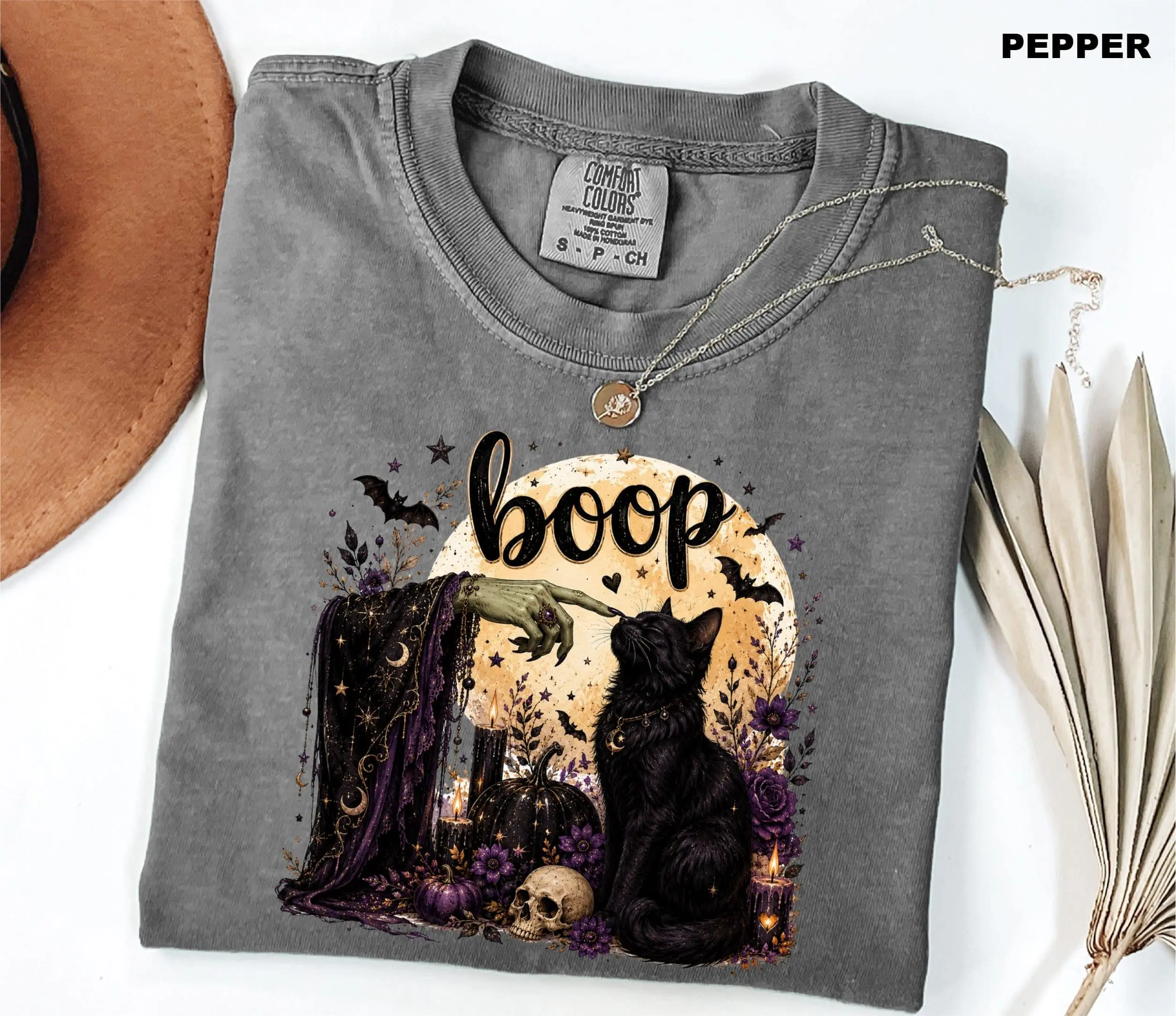 Comfort Colors Vintage Witch Cat Sweatshirt, Boop Black Cat Gothic Moon Halloween Salem Spooky Season Gift