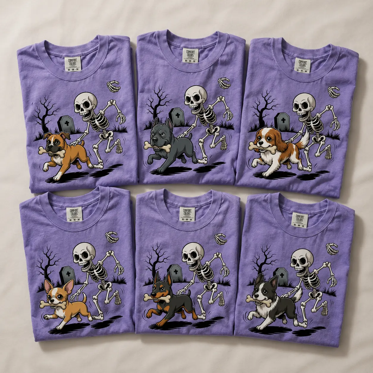 Comfort Colors Violet 50+ Custom Dog Breed Halloween Skeleton Tee, Funny Spooky Season Pet Lover Graphic Shirt