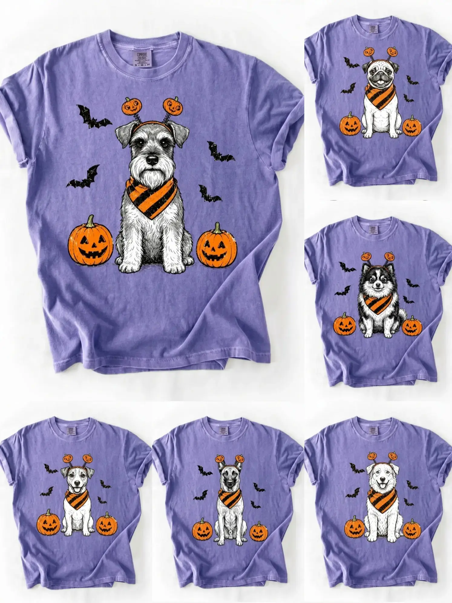 Comfort Colors Violet Halloween 50 Dog Breeds Shirt, Cute Pumpkin Puppy Graphic Tee for Pet Moms and Lovers