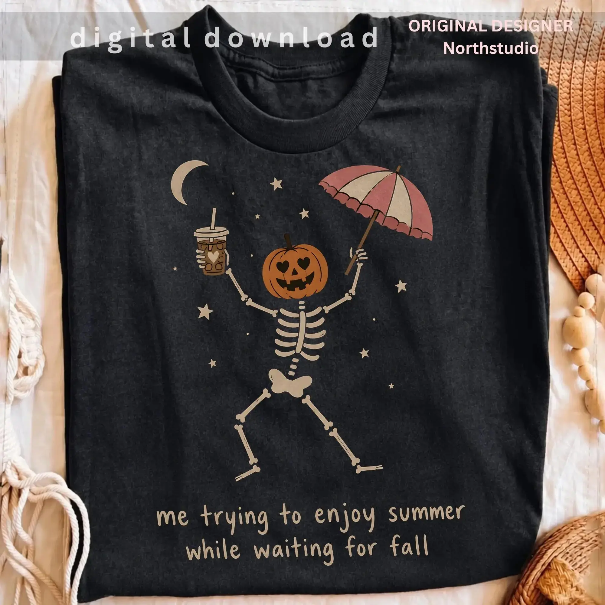 Comfort Colors Waiting For Fall Skeleton Pumpkin Womens Shirt, Funny Sarcastic Halloween Spooky Season Autumn Tee