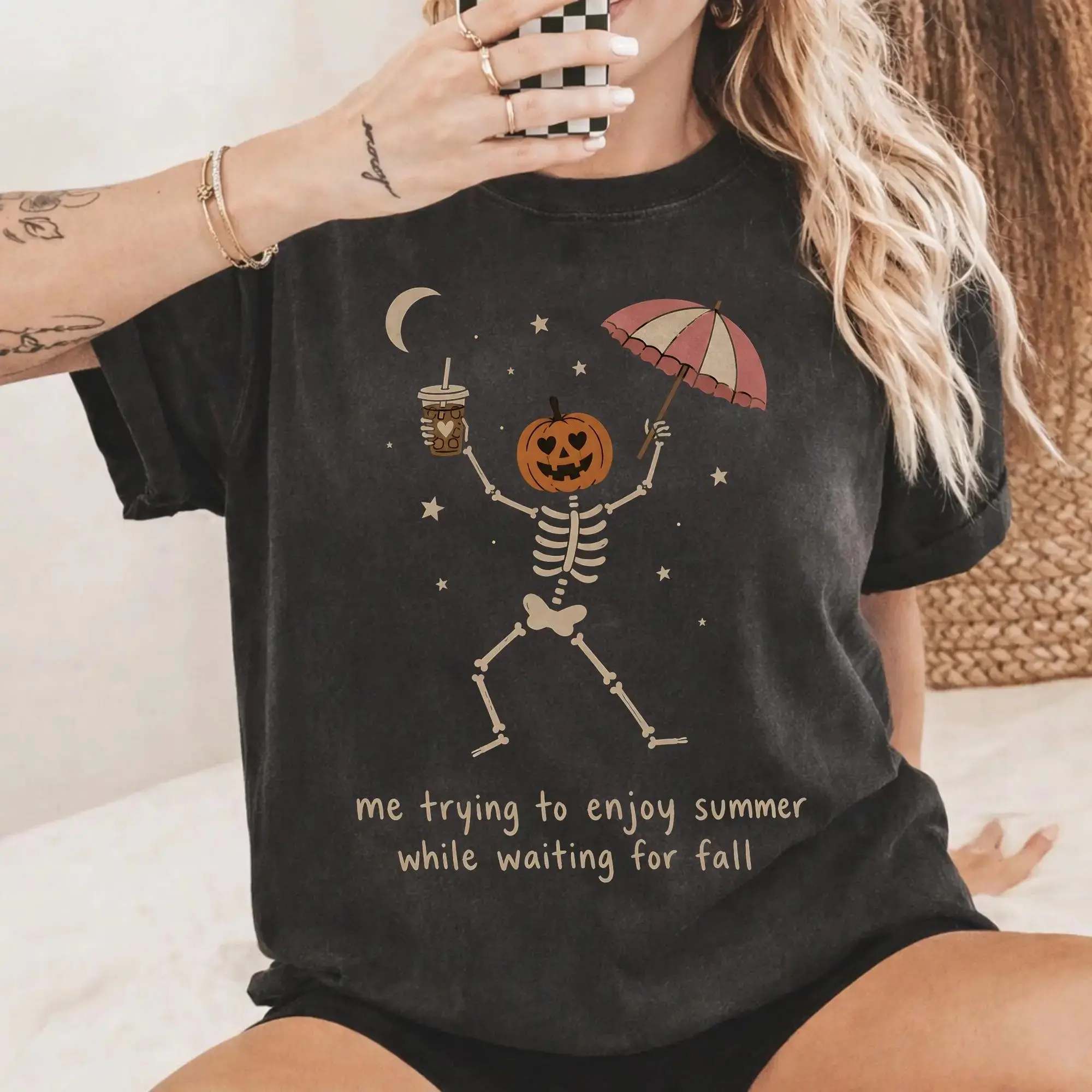 Comfort Colors Waiting For Fall Skeleton Pumpkin Womens Shirt, Funny Sarcastic Halloween Spooky Season Autumn Tee - photo 2