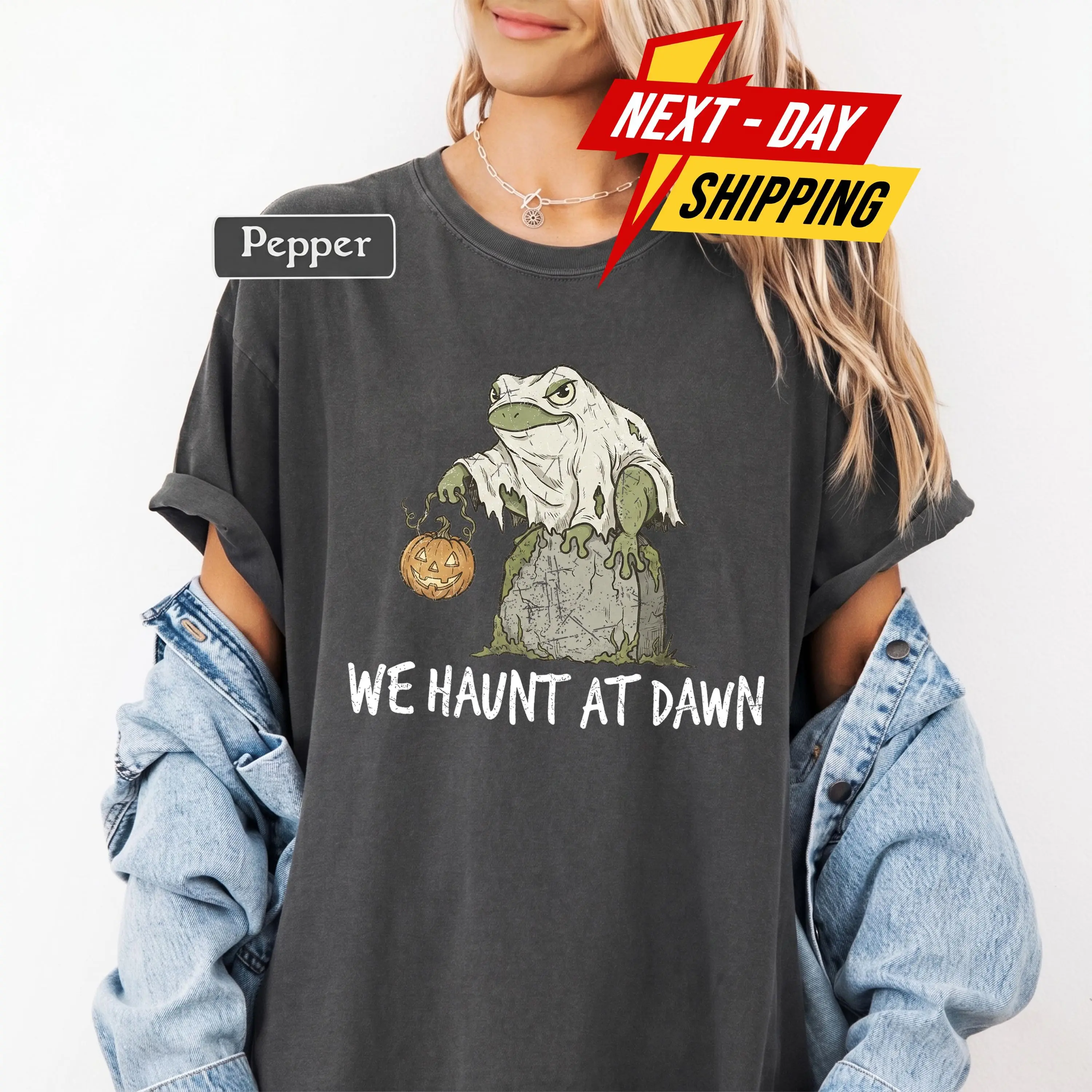Comfort Colors We Haunt At Dawn Shirt, Ghost Frog Halloween Tee, Retro Cottagecore Pumpkin Toad Graphic Gift - photo 2
