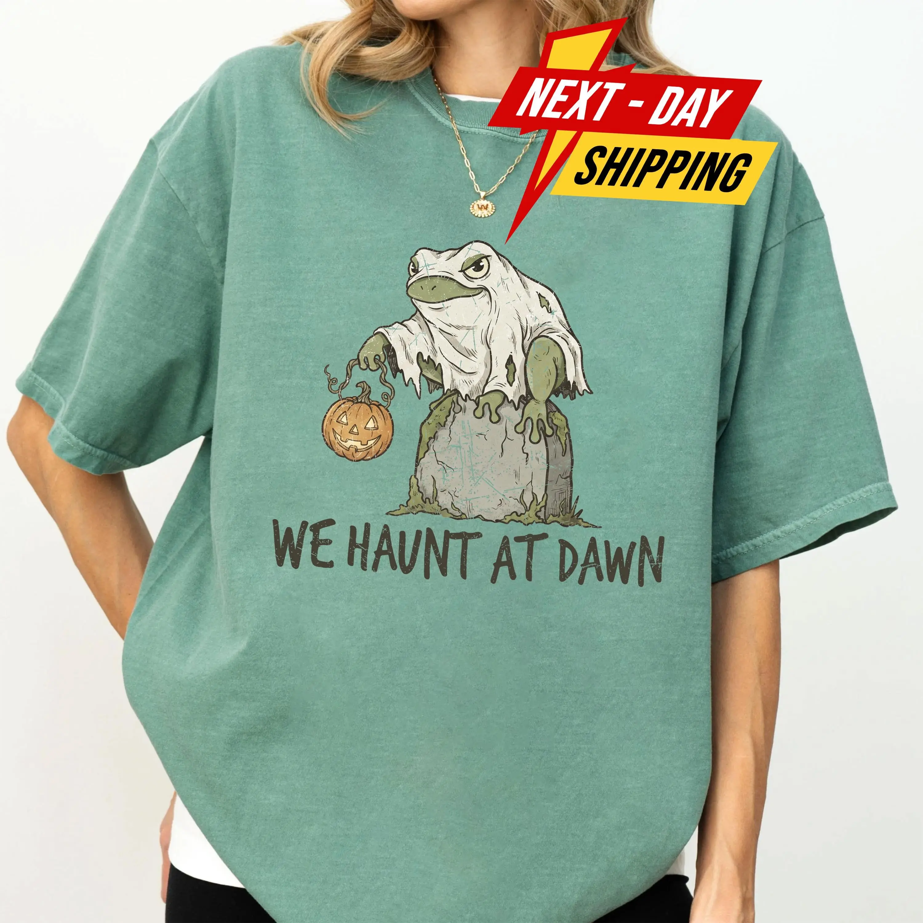 Comfort Colors We Haunt At Dawn Shirt, Ghost Frog Halloween Tee, Retro Cottagecore Pumpkin Toad Graphic Gift - photo 3