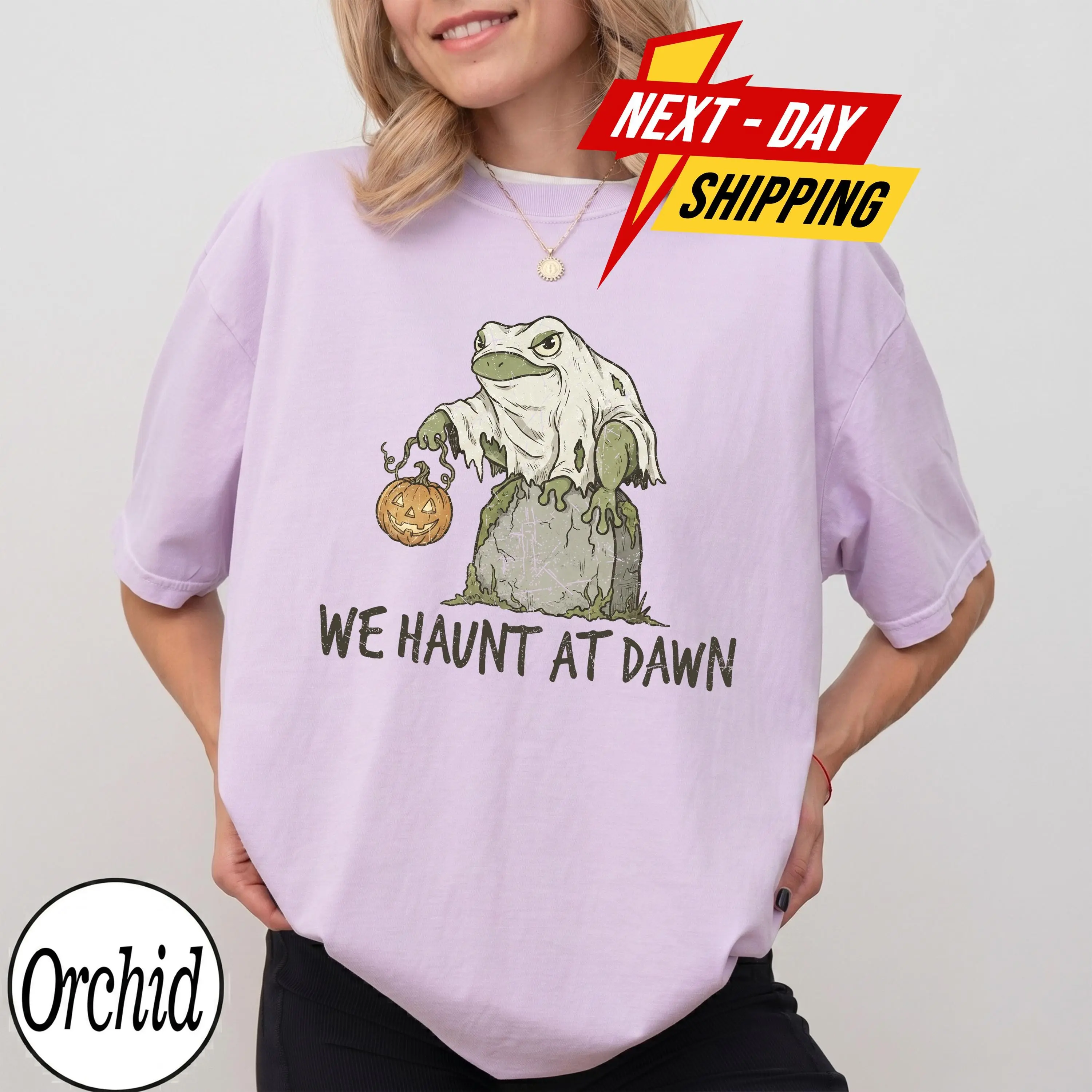 Comfort Colors We Haunt At Dawn Shirt, Ghost Frog Halloween Tee, Retro Cottagecore Pumpkin Toad Graphic Gift - photo 5