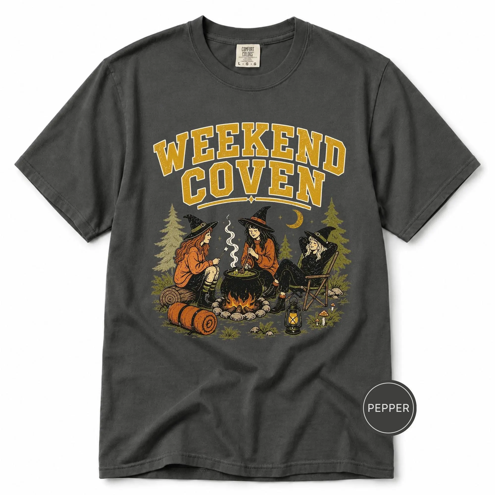 Comfort Colors Weekend Coven Shirt, Witch Camping Cauldron Campfire Graphic, Spooky Girls Trip Halloween Gift - photo 2