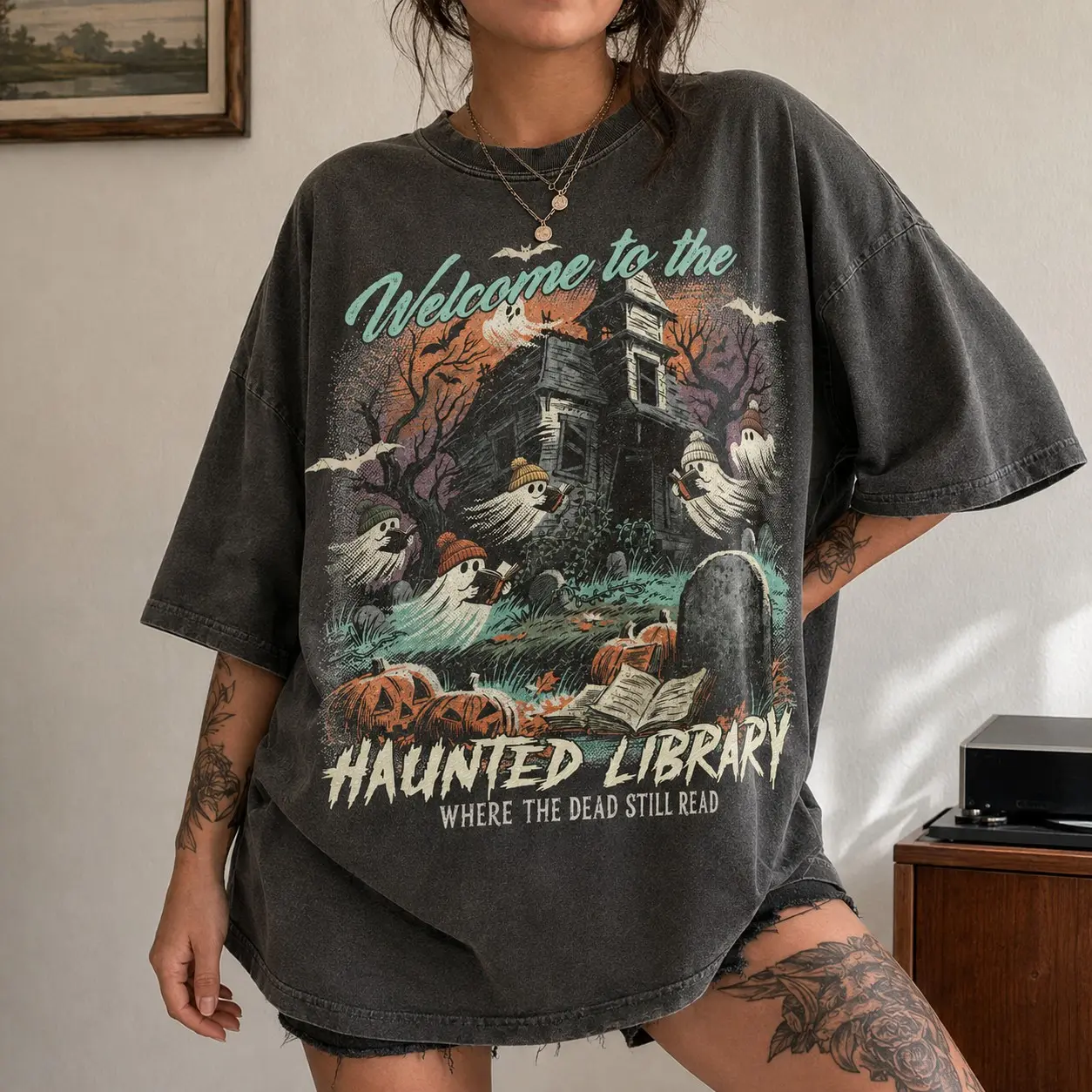 Comfort Colors Welcome To The Haunted Library Shirt, Where The Dead Still Read Vintage Halloween Ghost Tee