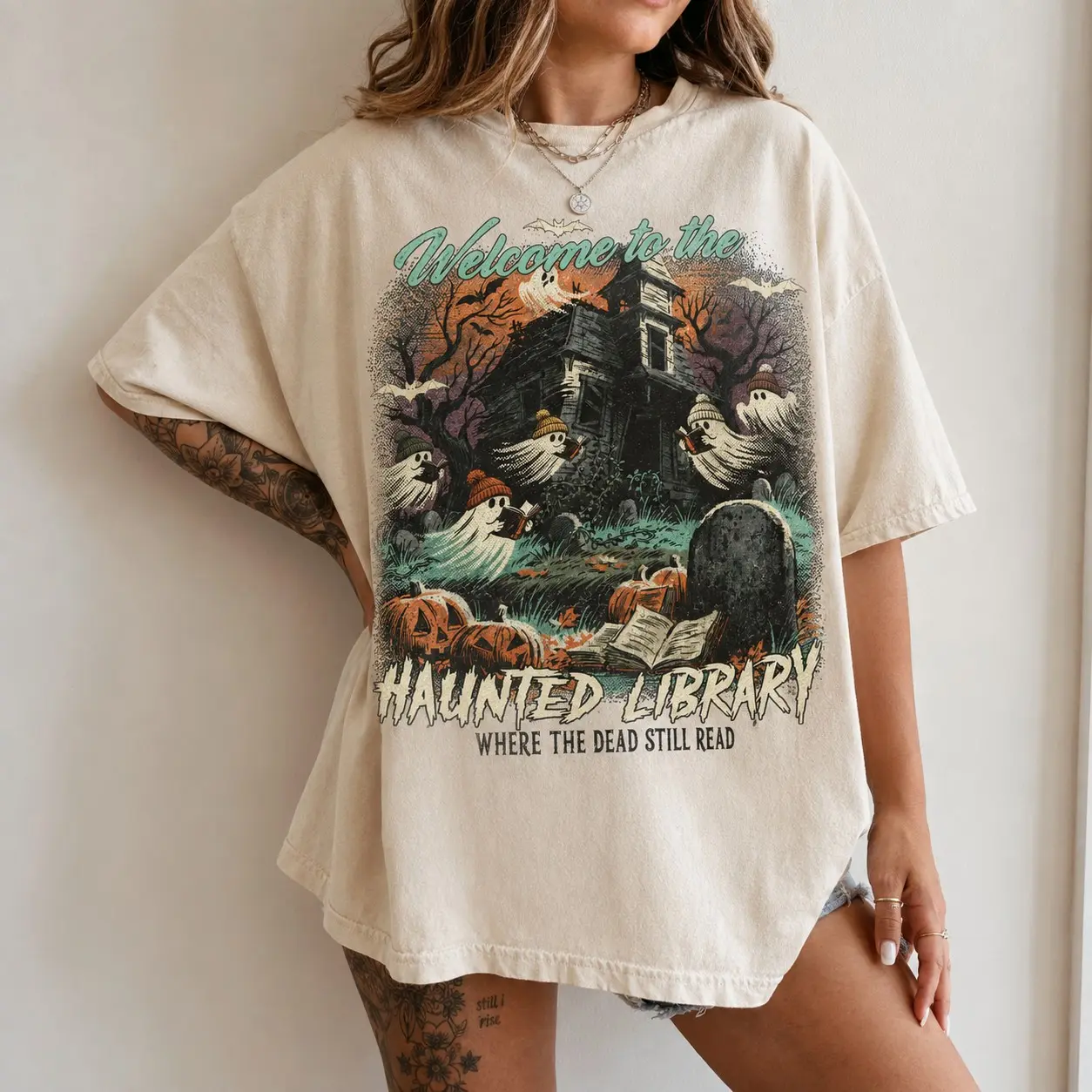 Comfort Colors Welcome To The Haunted Library Shirt, Where The Dead Still Read Vintage Halloween Ghost Tee - photo 3