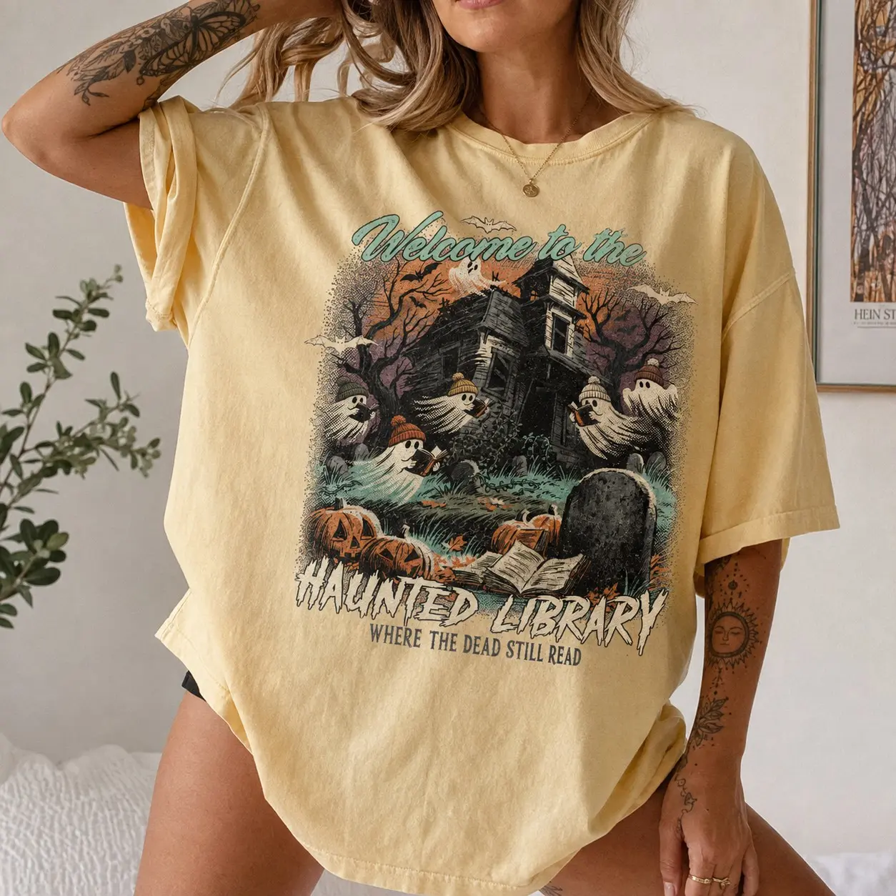 Comfort Colors Welcome To The Haunted Library Shirt, Where The Dead Still Read Vintage Halloween Ghost Tee - photo 5