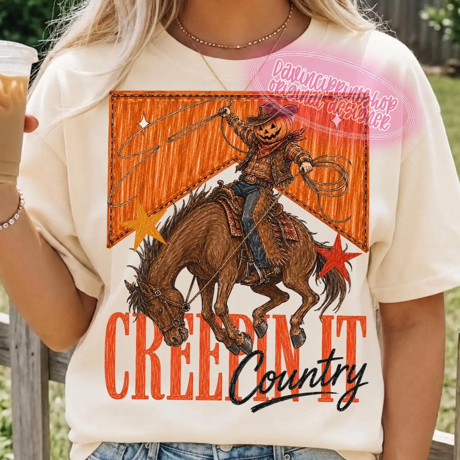Comfort Colors Western Cowgirl Halloween T-Shirt, Creepin Country Pumpkin Cowboy Vintage Rodeo Fall Tee - photo 3