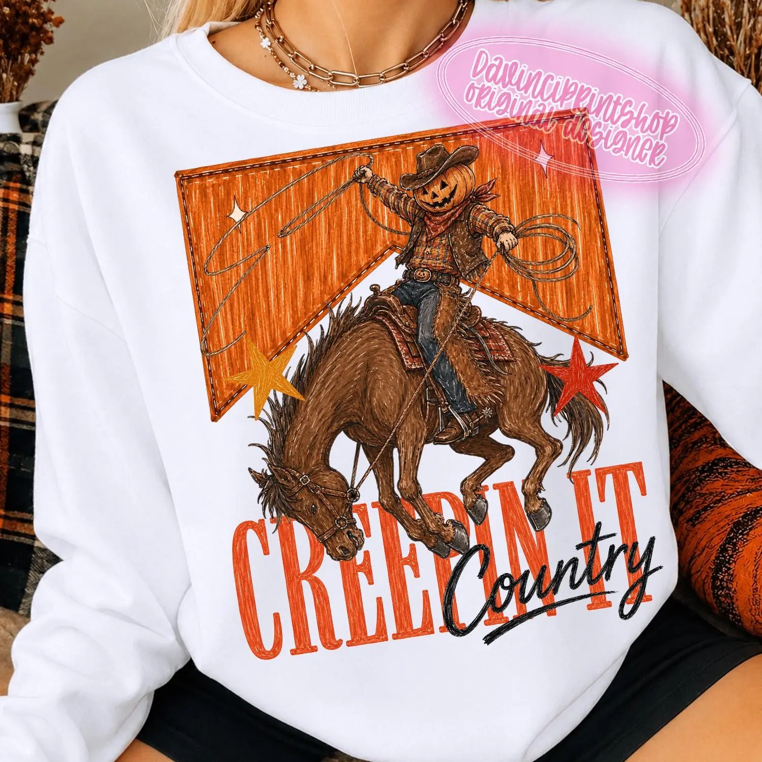 Comfort Colors Western Cowgirl Halloween T-Shirt, Creepin Country Pumpkin Cowboy Vintage Rodeo Fall Tee - photo 5