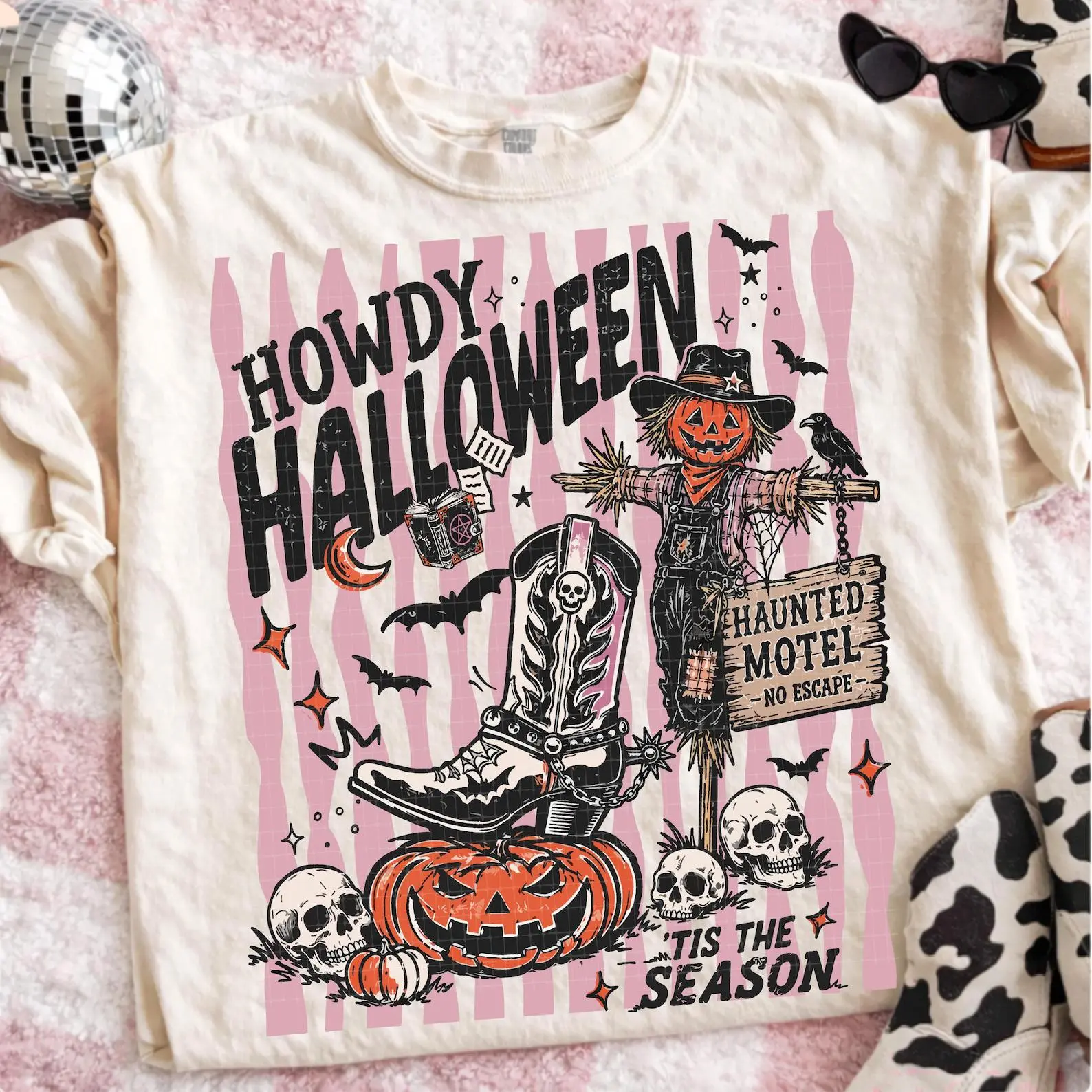 Comfort Colors Western Howdy Halloween Shirt, Striped Haunted Motel Tee, Retro Pumpkins Tis the Season Graphic Top