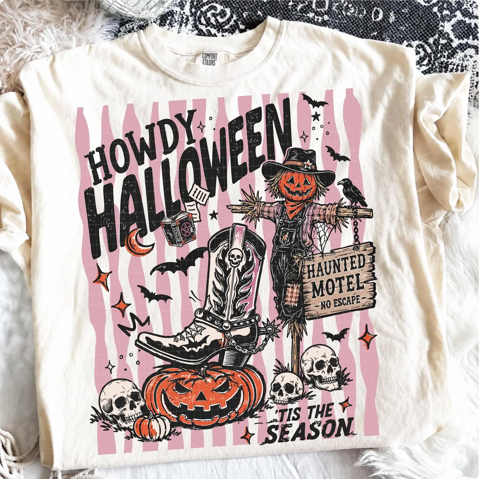 Comfort Colors Western Howdy Halloween Shirt, Striped Haunted Motel Tee, Retro Pumpkins Tis the Season Graphic Top - photo 2