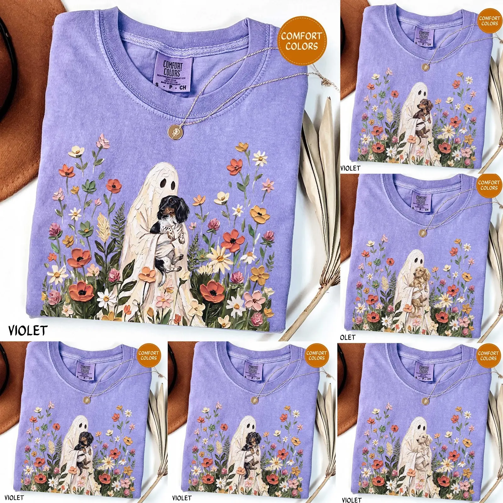Comfort Colors Violet Wildflower Ghost Dachshund Halloween Shirt, Long Haired Doxie Floral Tee, Wiener Dog Mom Gift
