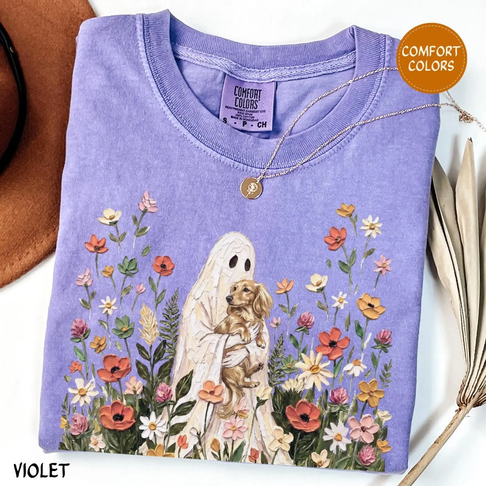 Comfort Colors Violet Wildflower Ghost Dachshund Halloween Shirt, Long Haired Doxie Floral Tee, Wiener Dog Mom Gift - photo 2