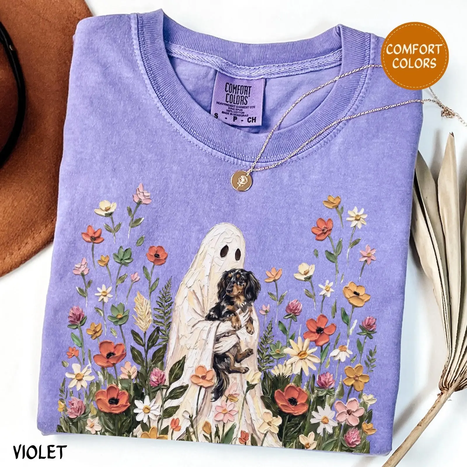 Comfort Colors Violet Wildflower Ghost Dachshund Halloween Shirt, Long Haired Doxie Floral Tee, Wiener Dog Mom Gift - photo 5