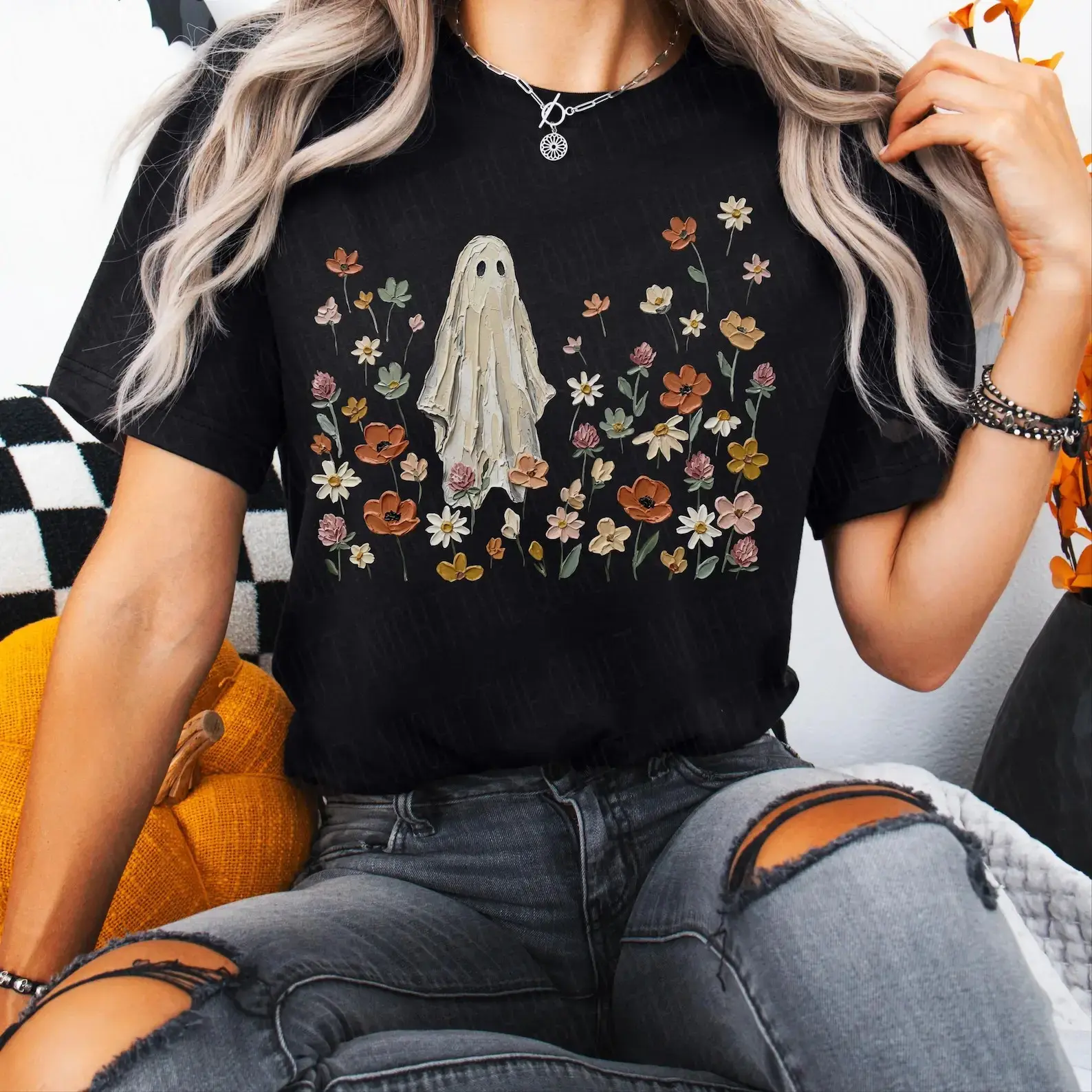 Comfort Colors Wildflowers Ghost Shirt, Spooky Floral Botanical Preppy Cute Fall Halloween Graphic Tee