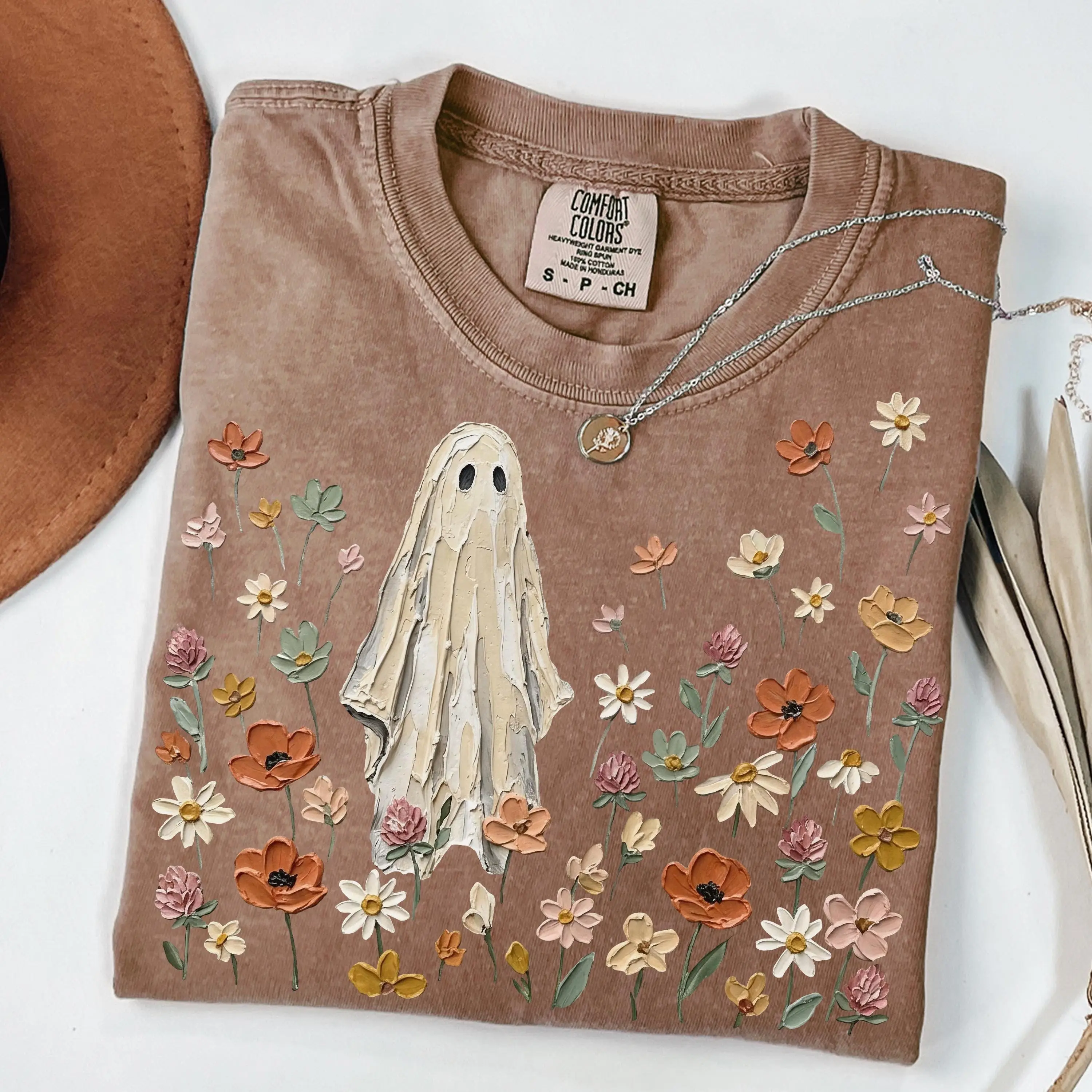Comfort Colors Wildflower Ghost Shirt, Spooky Season Botanical Floral Tee, Cute Halloween Gift for Her