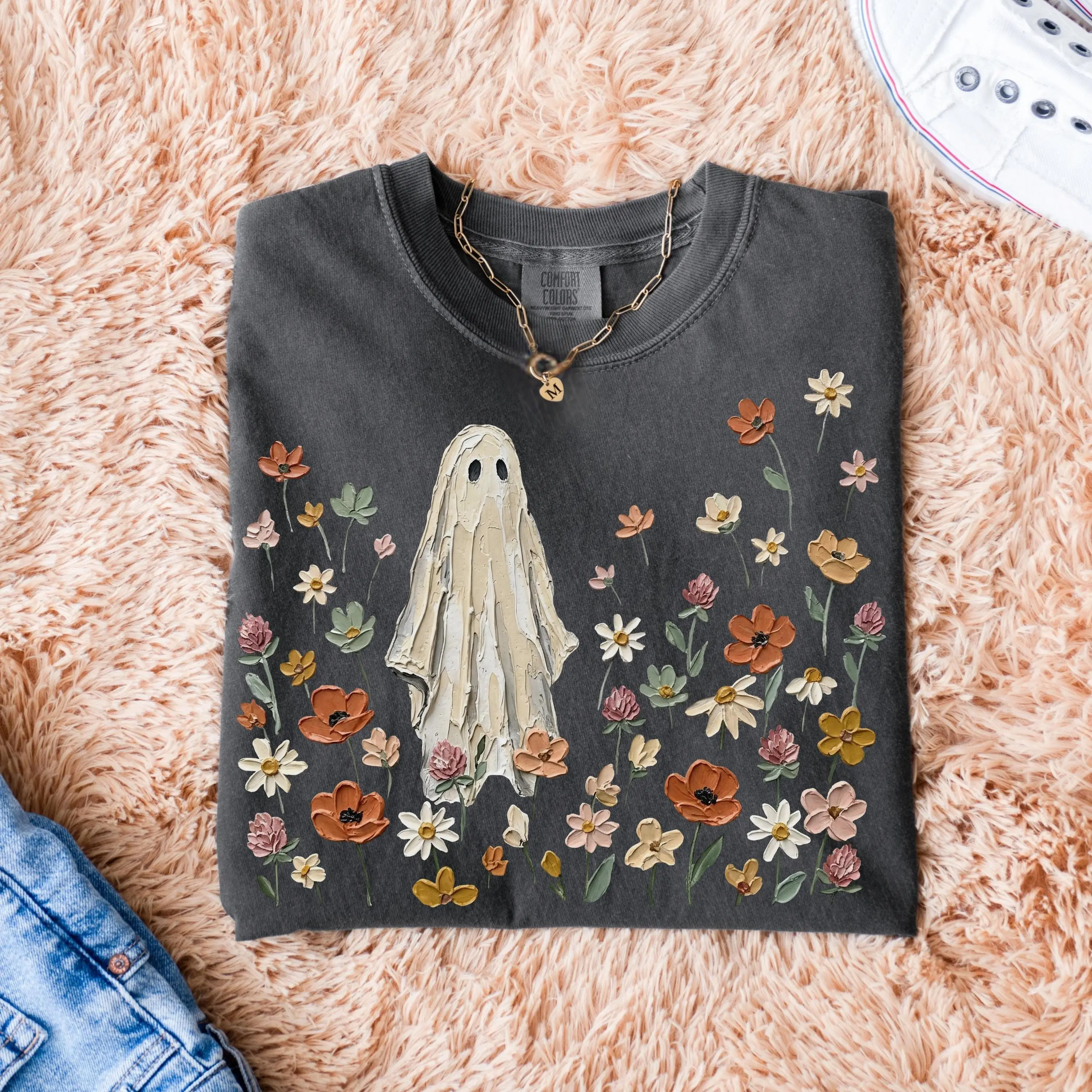 Comfort Colors Wildflower Ghost Shirt, Spooky Season Botanical Floral Tee, Cute Halloween Gift for Her - photo 2