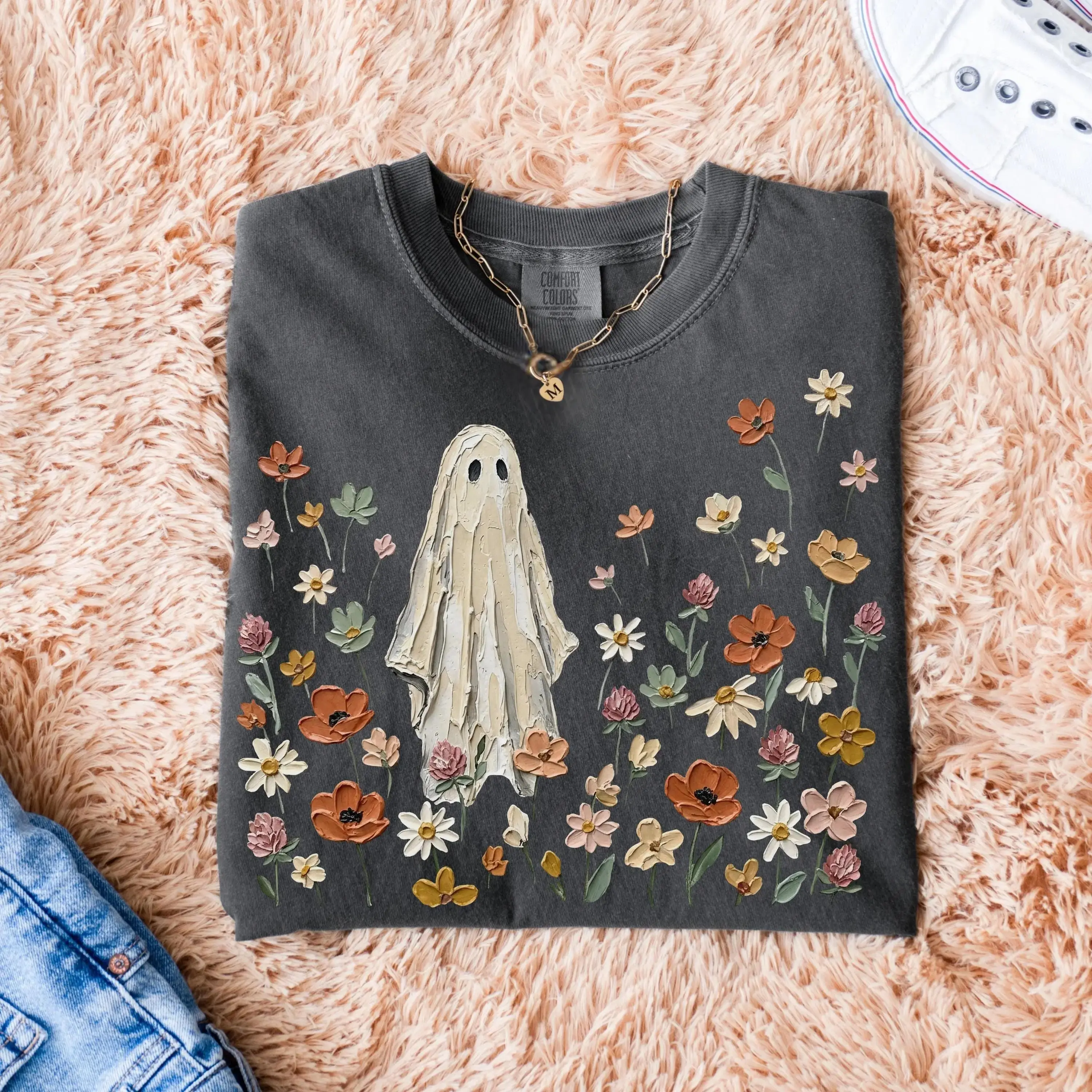 Comfort Colors Wildflowers Ghost Womens Shirt, Spooky Floral Halloween Botanical Preppy Fall Lover Gift Tee - photo 4