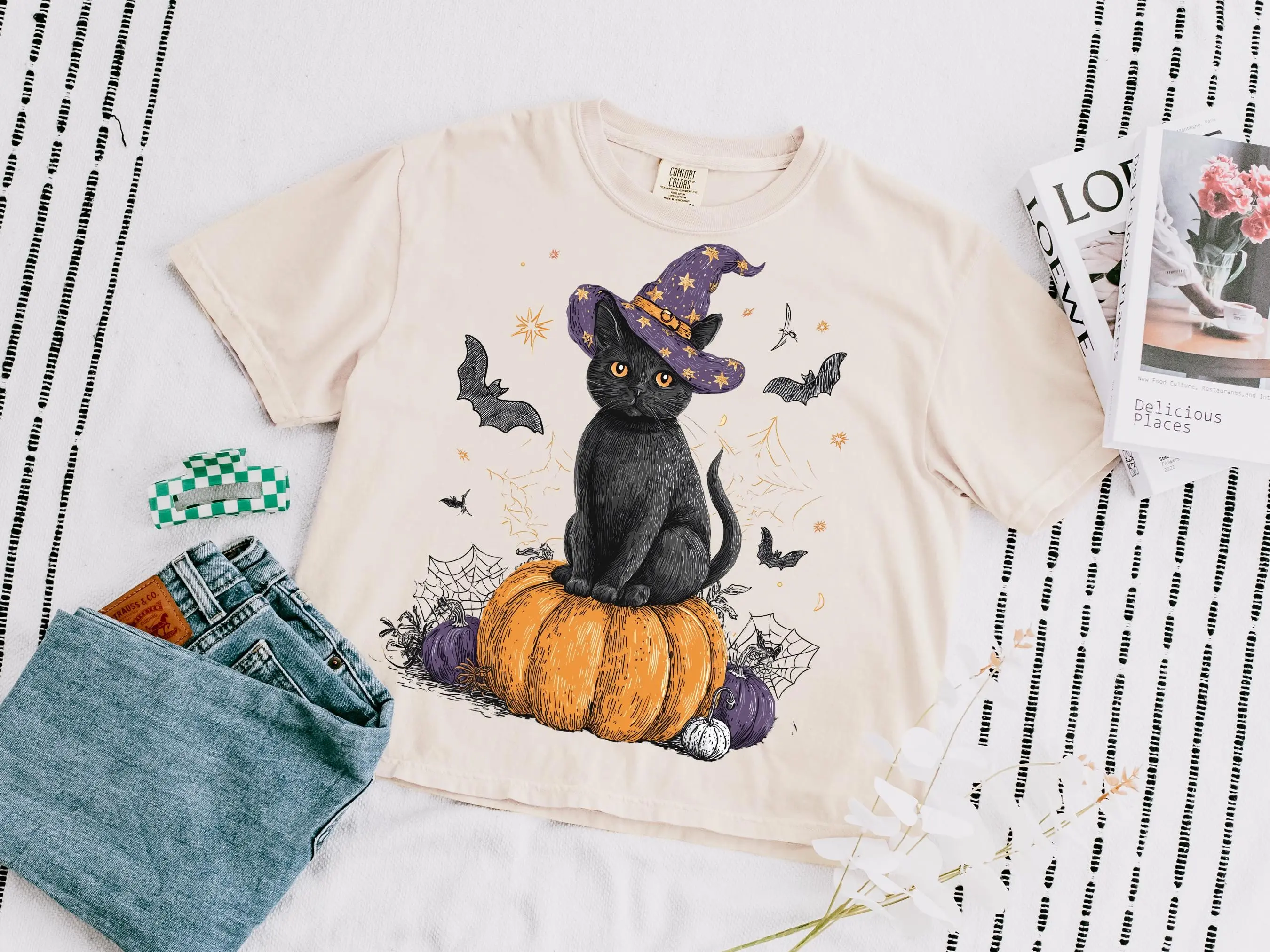 Comfort Colors Witch Black Cat Pumpkin Shirt, Witchy Gothic Halloween Graphic Tee, Spooky Kitty Lover Gift - photo 2