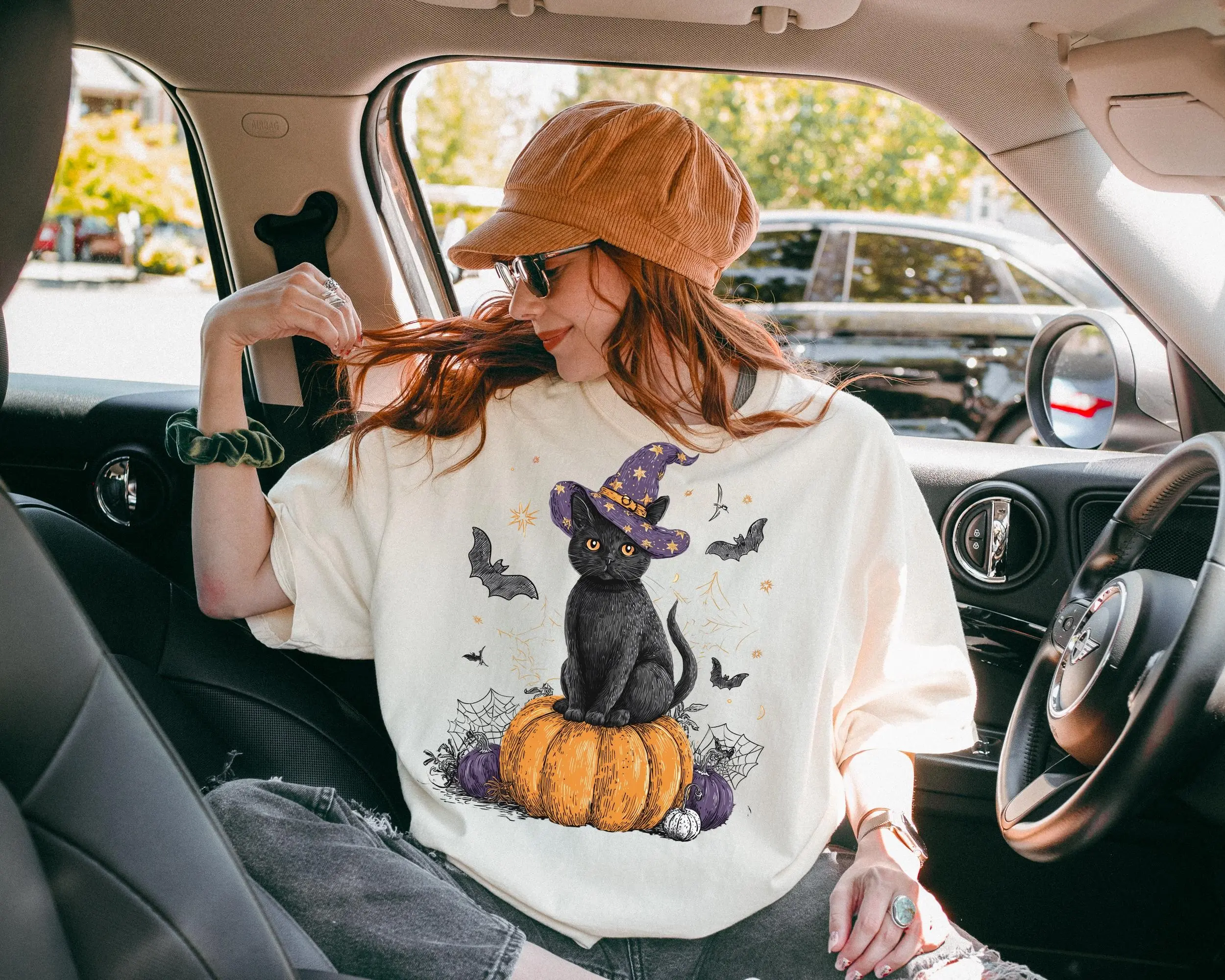 Comfort Colors Witch Black Cat Pumpkin Shirt, Witchy Gothic Halloween Graphic Tee, Spooky Kitty Lover Gift - photo 3