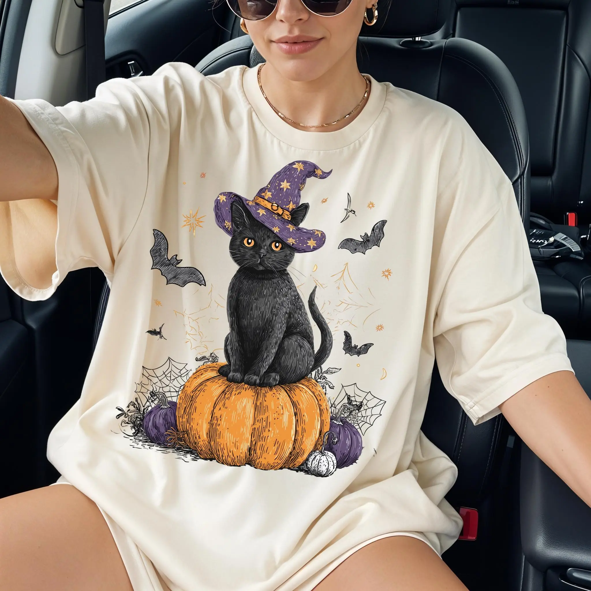 Comfort Colors Witch Black Cat Pumpkin Shirt, Witchy Gothic Halloween Graphic Tee, Spooky Kitty Lover Gift - photo 4