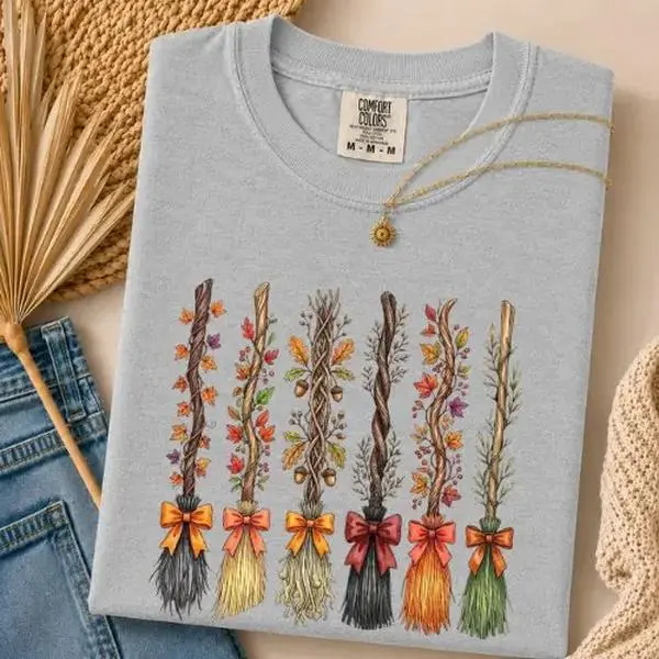 Comfort Colors Witch Broom Bouquet Halloween Shirt, Floral Autumn Harvest Cozy Fall Graphic Tee