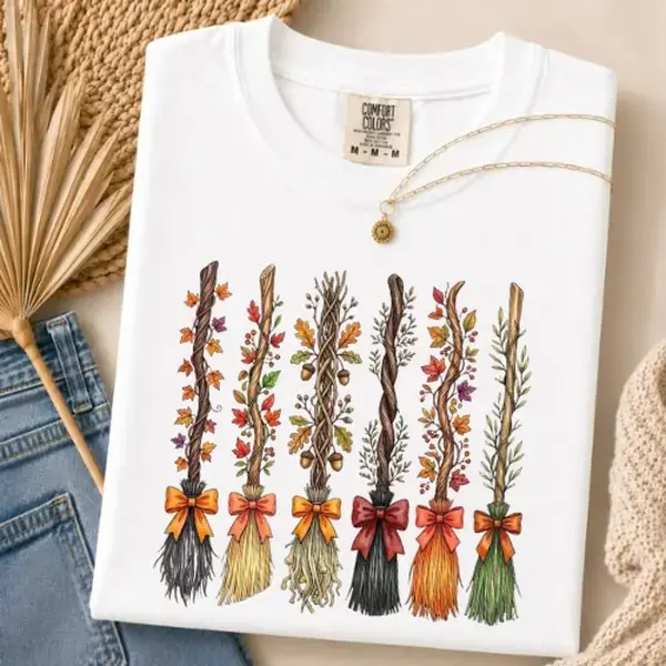 Comfort Colors Witch Broom Bouquet Halloween Shirt, Floral Autumn Harvest Cozy Fall Graphic Tee - photo 2