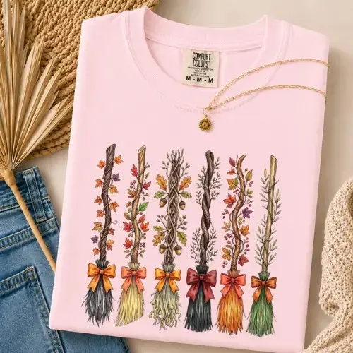 Comfort Colors Witch Broom Bouquet Halloween Shirt, Floral Autumn Harvest Cozy Fall Graphic Tee - photo 3