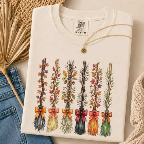 Comfort Colors Witch Broom Bouquet Halloween Shirt, Floral Autumn Harvest Cozy Fall Graphic Tee - photo 4