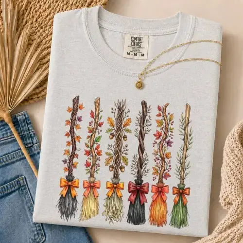 Comfort Colors Witch Broom Bouquet Halloween Shirt, Floral Autumn Harvest Cozy Fall Graphic Tee - photo 5