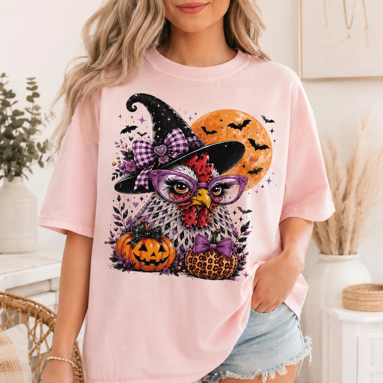 Comfort Colors Witch Chicken Glasses Pumpkin Shirt, Cute Animal Vintage Halloween Party Fall Sister Gift