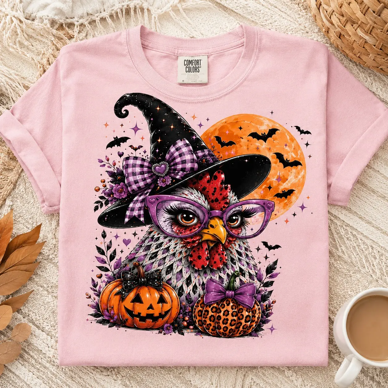 Comfort Colors Witch Chicken Glasses Pumpkin Shirt, Cute Animal Vintage Halloween Party Fall Sister Gift - photo 2