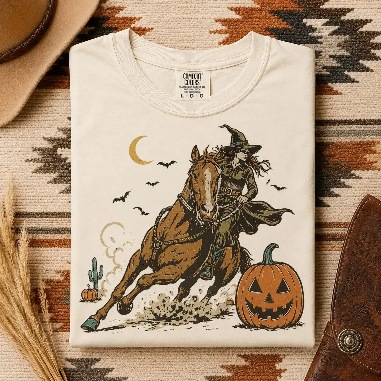 Comfort Colors Witch Cowgirl T-Shirt, Western Halloween Horse Pumpkin Moon Spooky Season Fall Top for Women