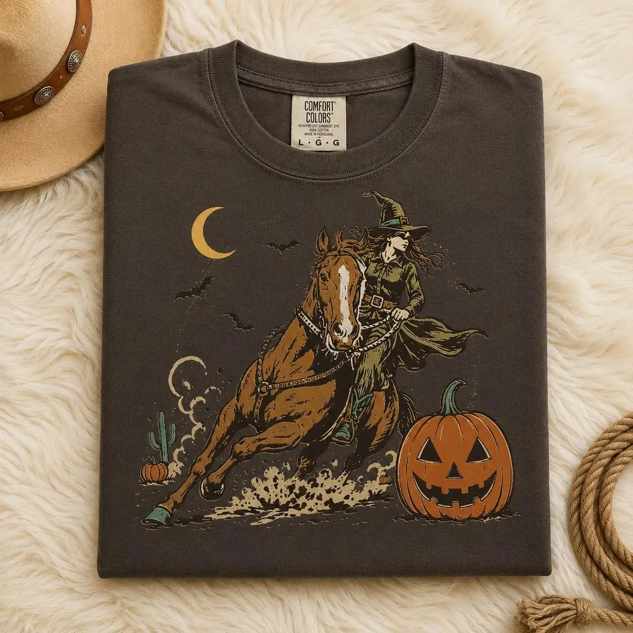 Comfort Colors Witch Cowgirl T-Shirt, Western Halloween Horse Pumpkin Moon Spooky Season Fall Top for Women - photo 2