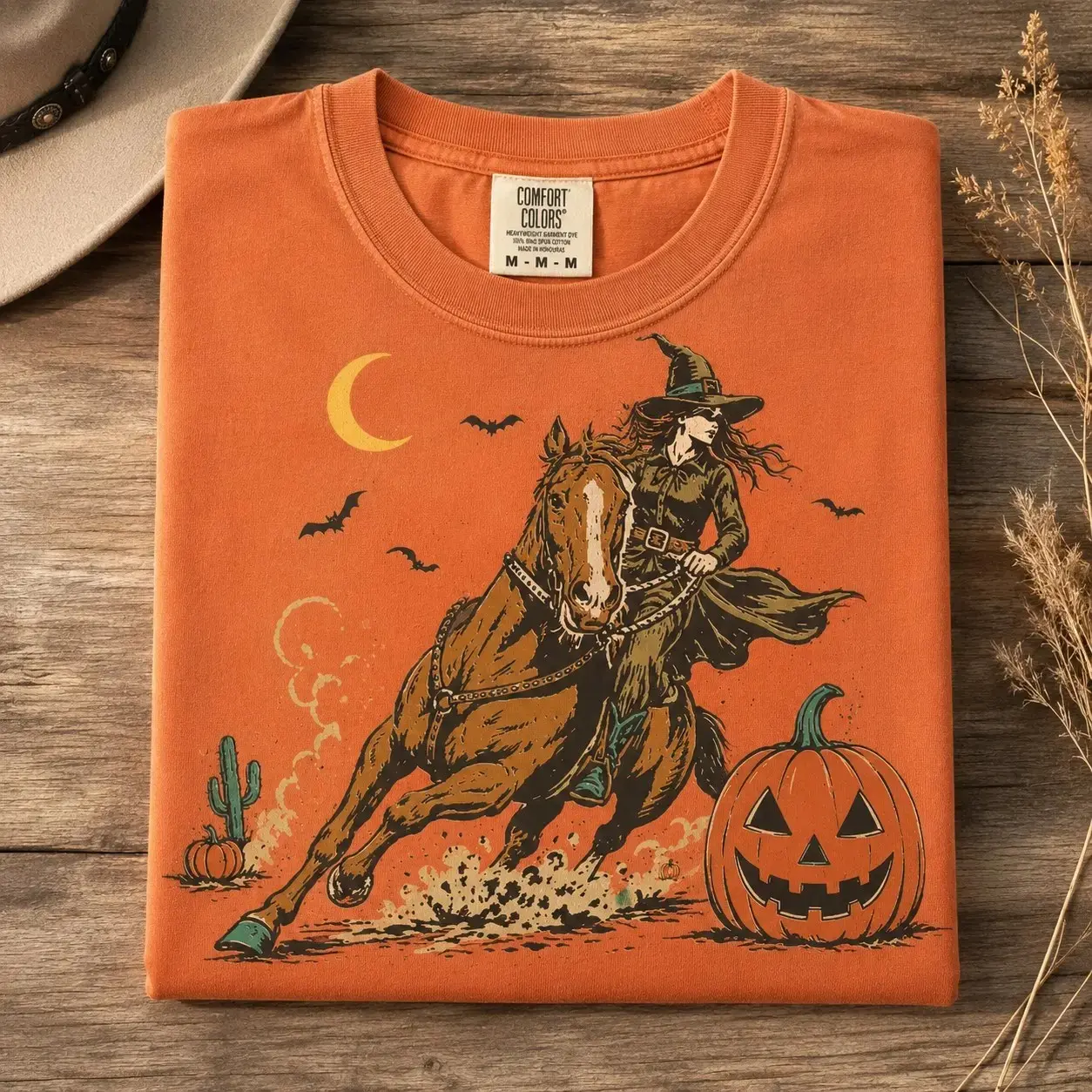 Comfort Colors Witch Cowgirl T-Shirt, Western Halloween Horse Pumpkin Moon Spooky Season Fall Top for Women - photo 3