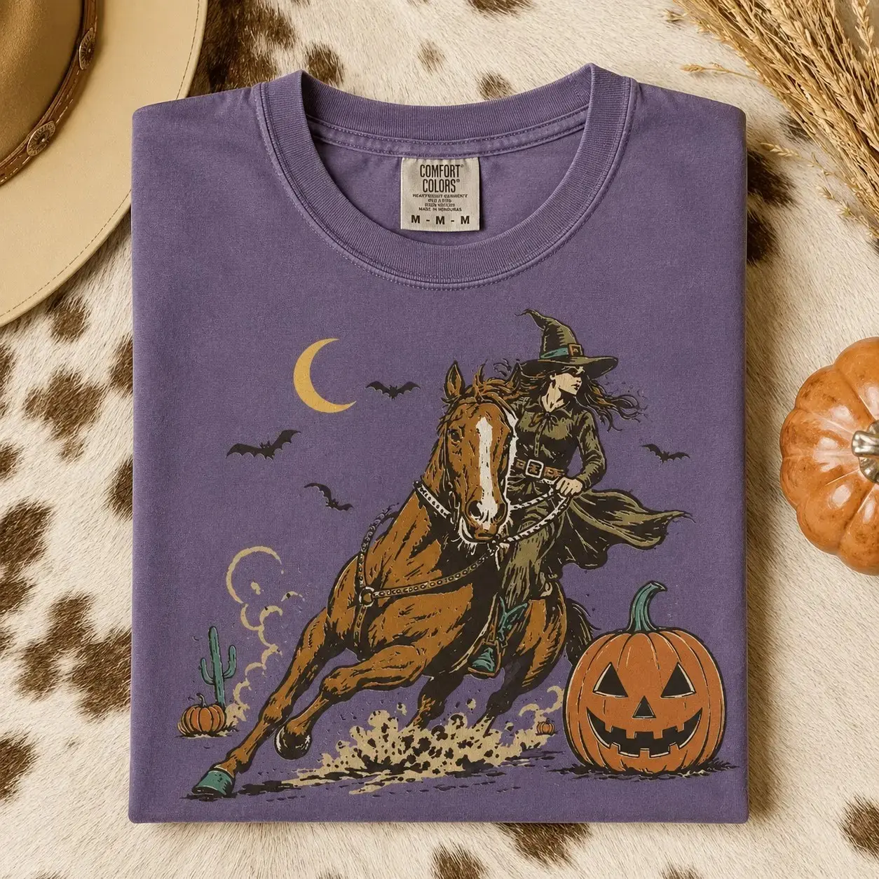 Comfort Colors Witch Cowgirl T-Shirt, Western Halloween Horse Pumpkin Moon Spooky Season Fall Top for Women - photo 4