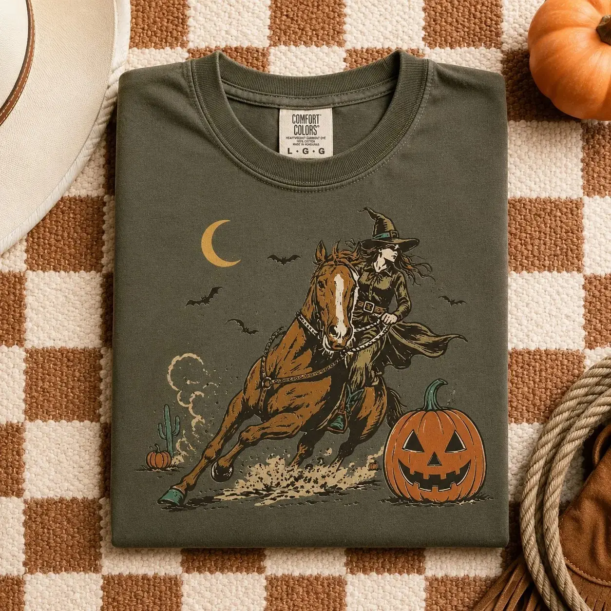 Comfort Colors Witch Cowgirl T-Shirt, Western Halloween Horse Pumpkin Moon Spooky Season Fall Top for Women - photo 5