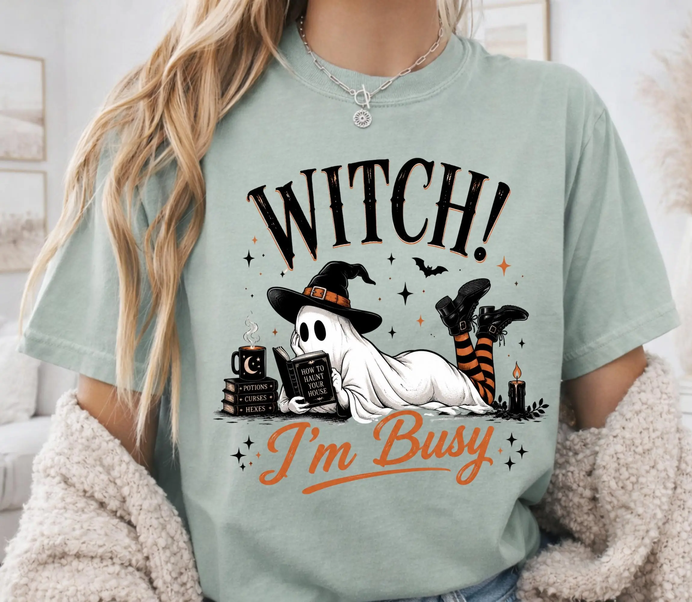 Comfort Colors Witch I'm Busy Shirt, Cute Ghost Reading Book Halloween Tee, Spooky Season Fall Witchy Womens Top