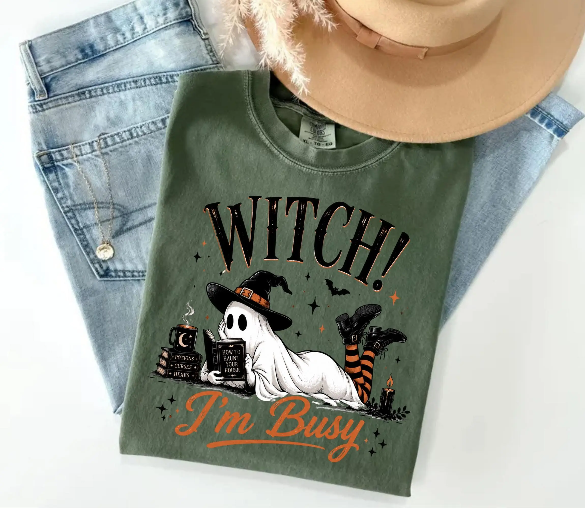Comfort Colors Witch I'm Busy Shirt, Cute Ghost Reading Book Halloween Tee, Spooky Season Fall Witchy Womens Top - photo 2