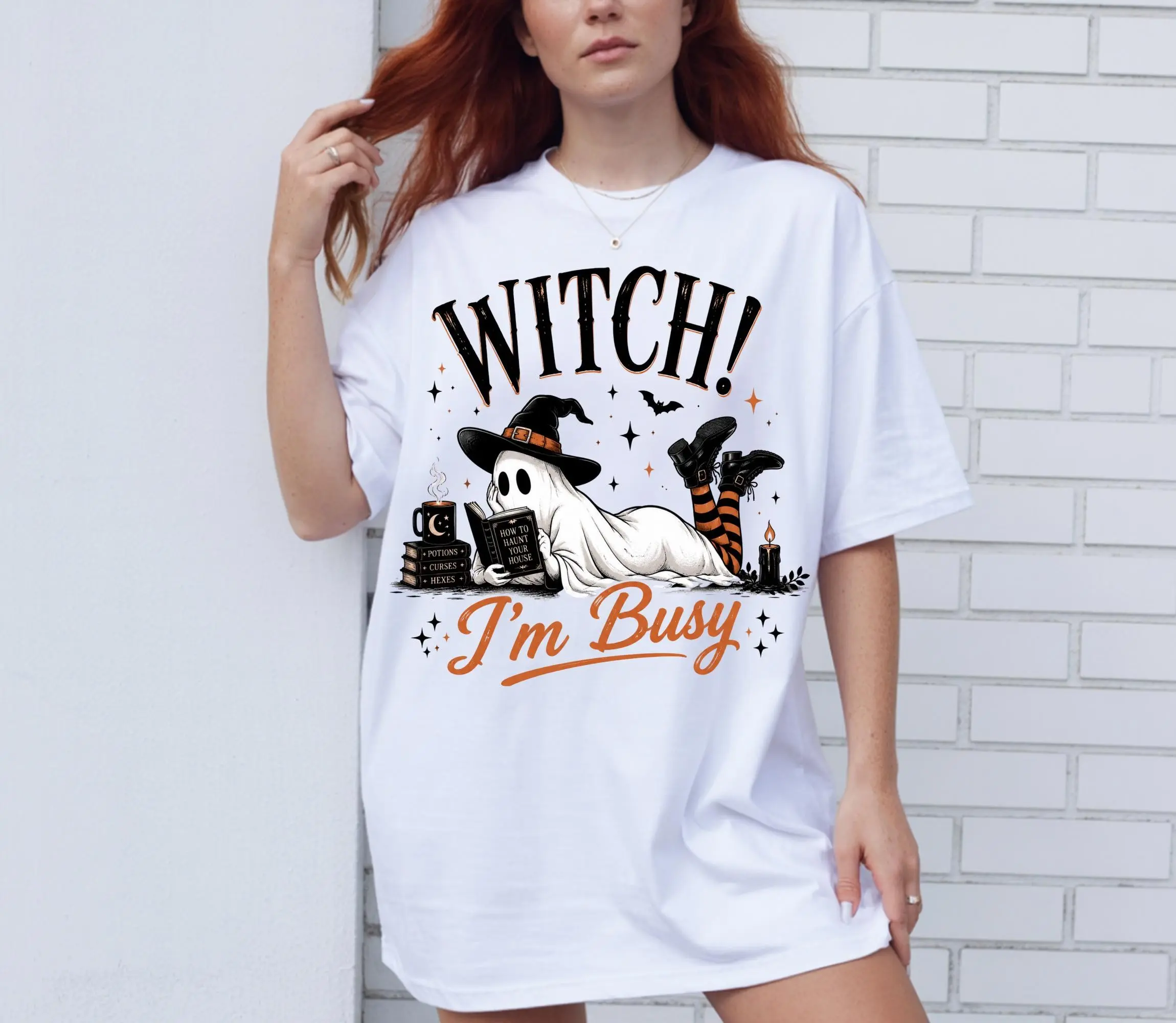 Comfort Colors Witch I'm Busy Shirt, Cute Ghost Reading Book Halloween Tee, Spooky Season Fall Witchy Womens Top - photo 3